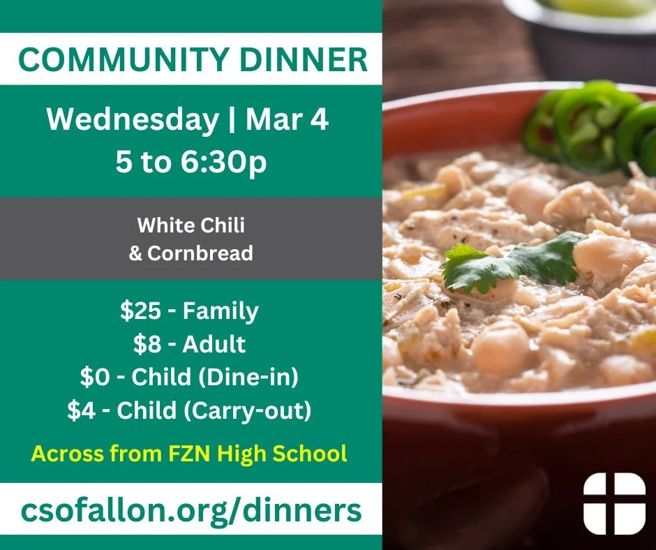GATHER TOGETHER FOR COMMUNITY DINNER!
All are welcome Wed, Mar 4 from 5 to 6:30p for a night of delicious food and friendly conversation. Best of all, you get to let us take care of the clean up!

Sunday, Mar 1 is the deadline to sign up for the meal