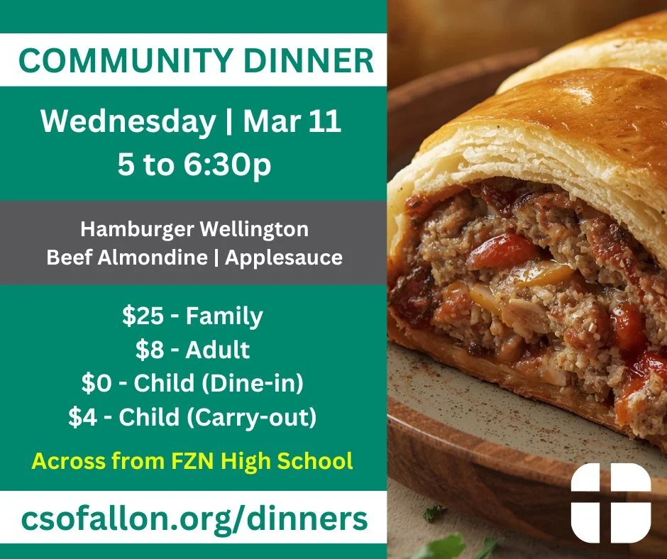ORDER BY TODAY!
All are welcome this Wed, Mar 11 from 5 to 6:30p for a night of delicious food and friendly conversation. Best of all, you get to let us take care of the clean up!

TODAY, Sun, Mar 8 is the deadline to sign up for the meal this Wednes