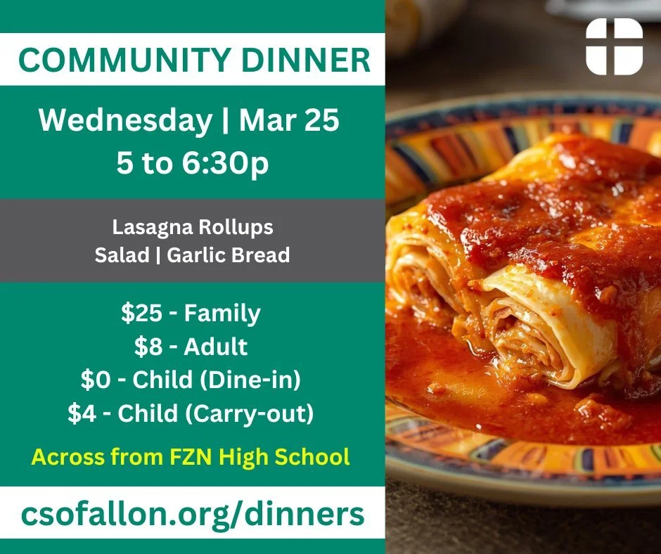 ORDER BY TODAY!
All are welcome this Wed, Mar 25 from 5 to 6:30p for a night of delicious food and friendly conversation. Best of all, you get to let us take care of the clean up!

TODAY, Sun, Mar 22 is the deadline to sign up for the meal this Wedne