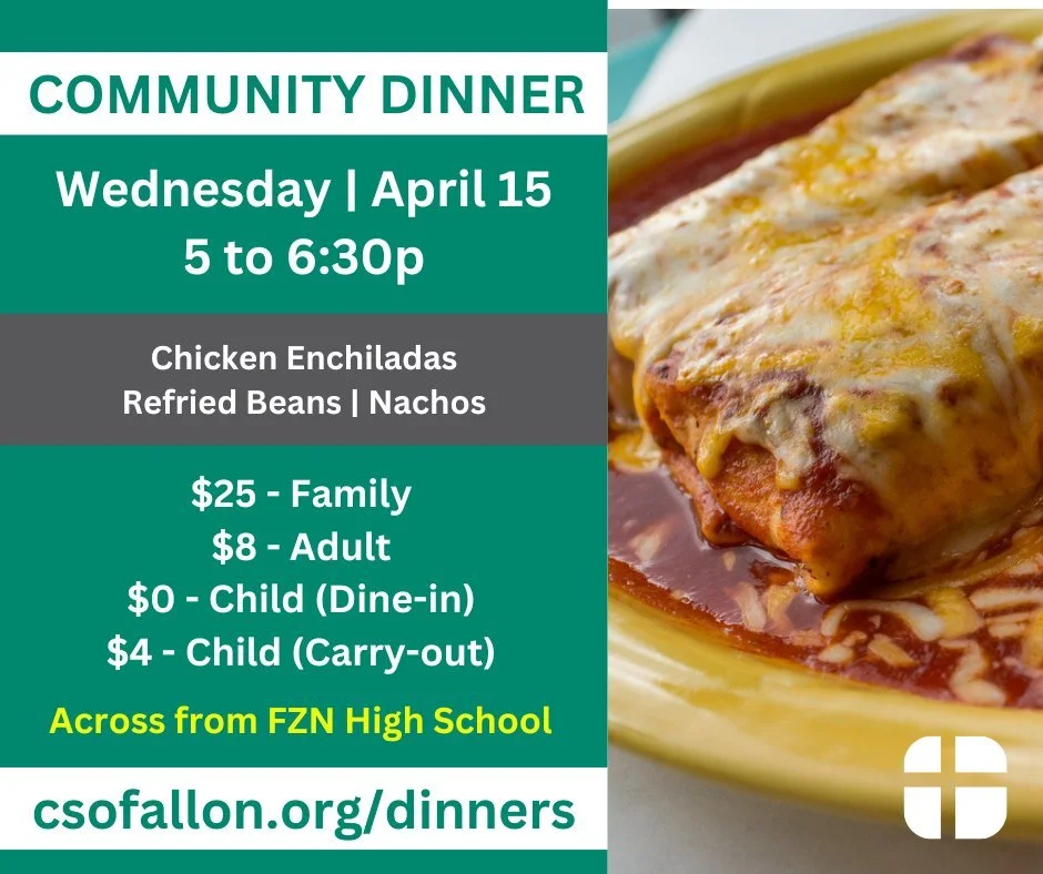 GATHER TOGETHER FOR COMMUNITY DINNER!
All are welcome Wed, April 15 from 5 to 6:30p for a night of delicious food and friendly conversation. Best of all, you get to let us take care of the clean up!

Sunday, April 12  is the deadline to sign up for t