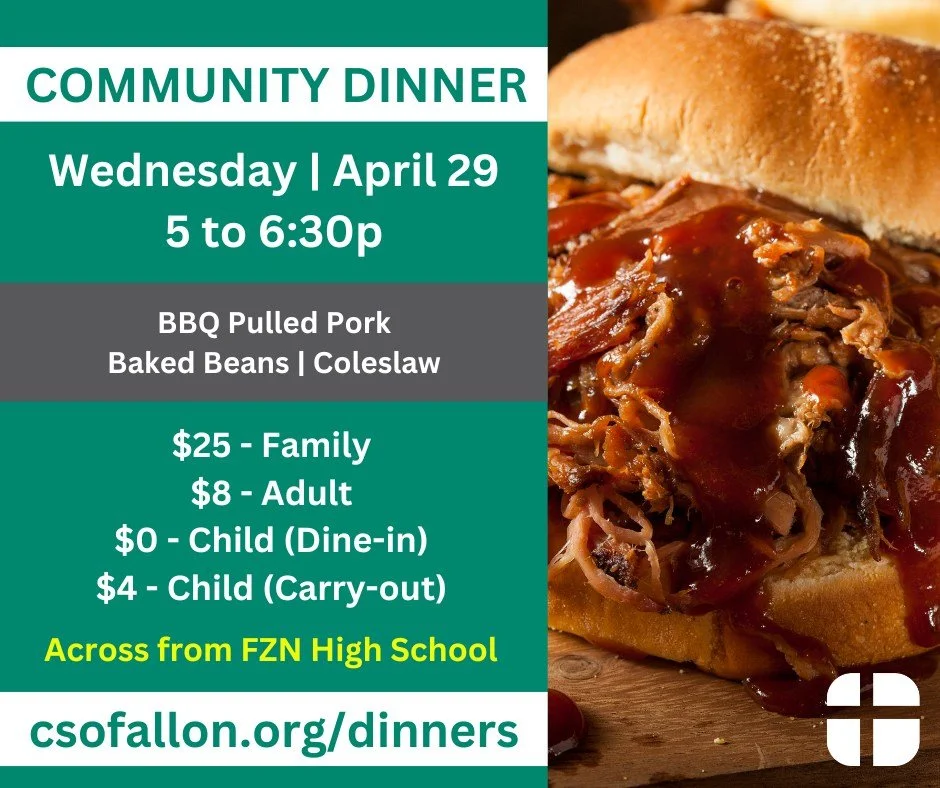 GATHER TOGETHER FOR COMMUNITY DINNER!
All are welcome Wed, April 29 from 5 to 6:30p for a night of delicious food and friendly conversation. Best of all, you get to let us take care of the clean up!

Sunday, April 26  is the deadline to sign up for t