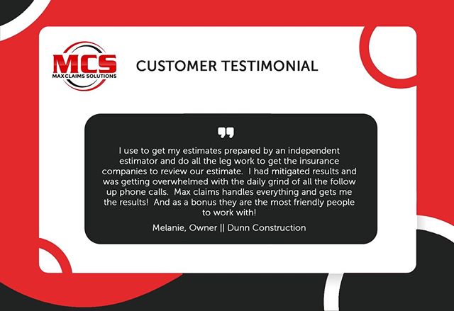 Check out this awesome testimonial from Melanie, the Owner of Dunn Construction.
.
.
.
.
#InsuranceClaim #Claims #MaxClaimsSolutions #Insurance #Home #Remodel #HomeRepair #Flood #Contractor #Building #Repairs #NewRoof #Roofing #Construction #Suppleme