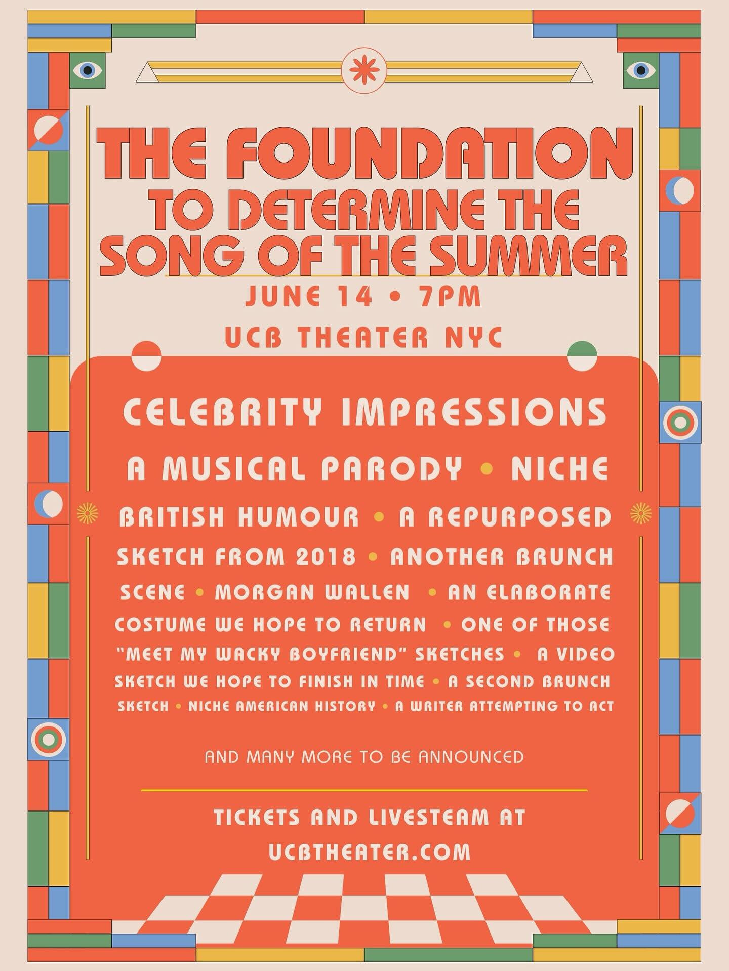 📣 THE FOUNDATION TO DETERMINE THE SONG OF THE SUMMER ☀️ 🏖️ 

📅 SATURDAY JUNE 14 @ 7pm

📍@ucbtny 

🎟️ in bio and ucbcomedy.com