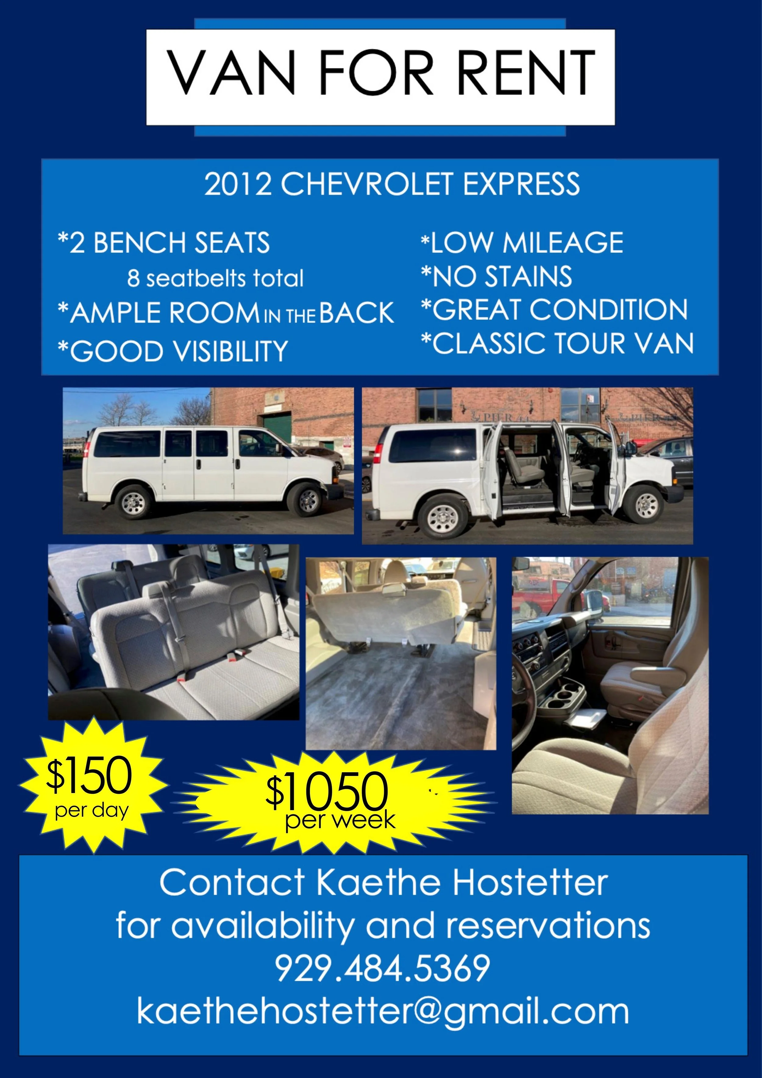 Van for Rent for Bands in Brooklyn 8 seatbelts ample room in the back classic tour van