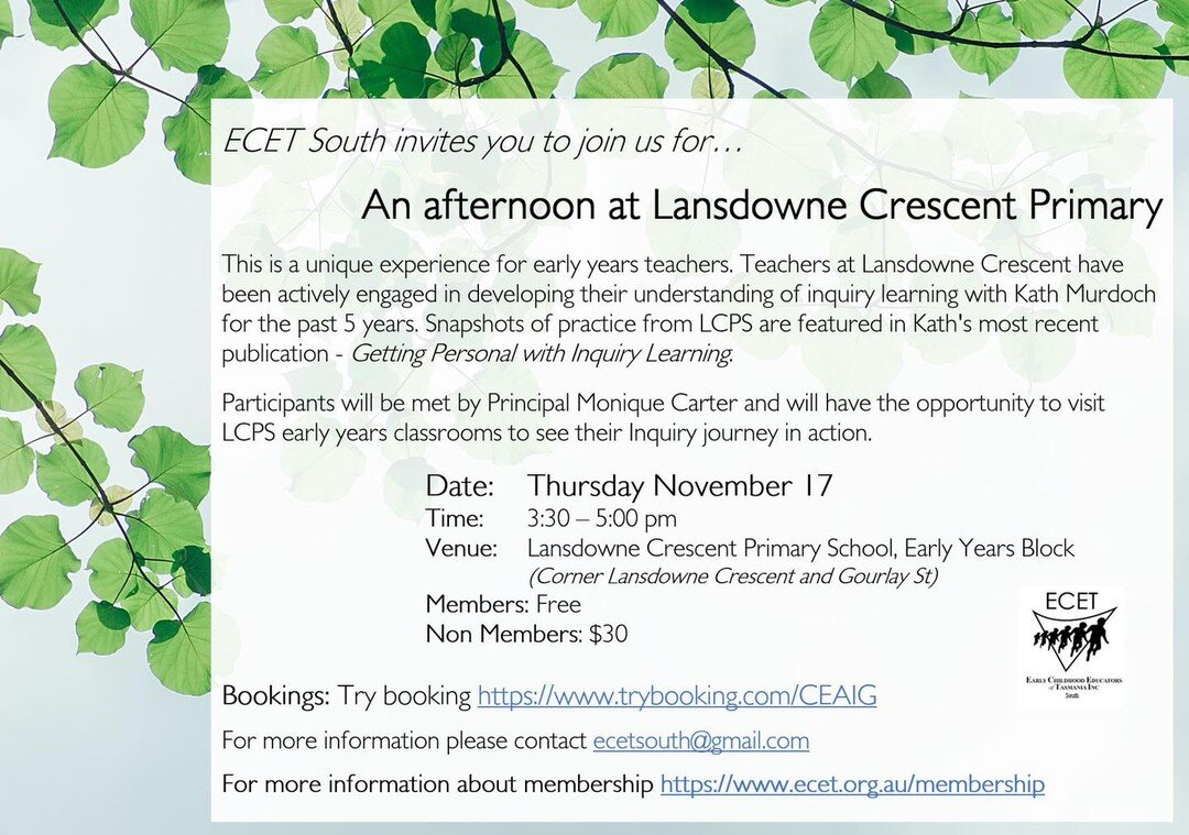 ECET South is excited to invite you to an afternoon at Lansdowne Crescent Primary School.
For Bookings: https://www.trybooking.com/CEAIG
