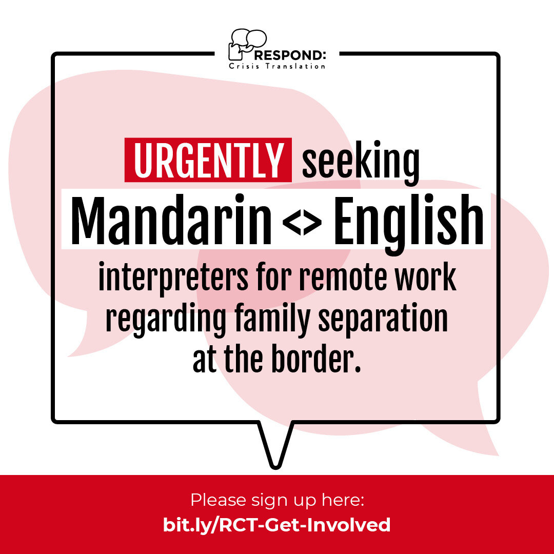 🚨 We are URGENTLY seeking Mandarin speakers to volunteer to connect with families located in San Diego. All remote.

There are over 1,000 migrant families separated at border near San Diego since September. These families have been separated while b