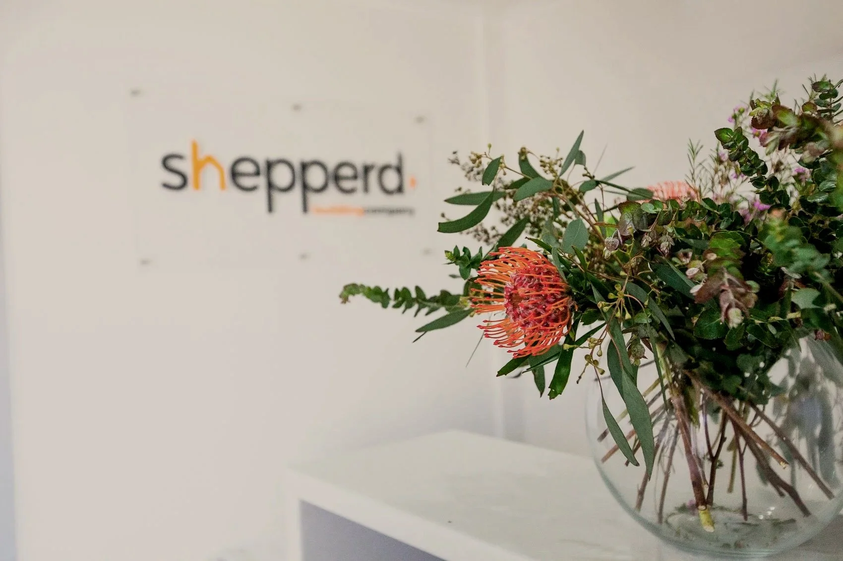 A bouquet of various green foliage and pink-orange flowers in a clear glass vase on a white surface, with a blurred sign in the background that reads 'shepperd.'