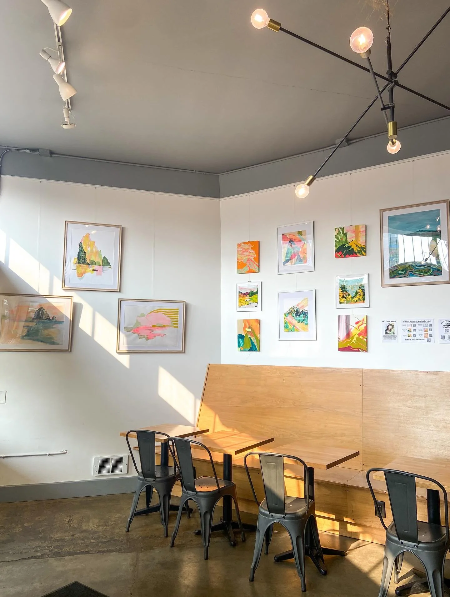 Hey! My art is brightening the walls of @moonshotcoffee now through the end of November! Stop by for a splash of color with your caffeine boost🤭☕️💖🙂&zwj;&harr;️🌈