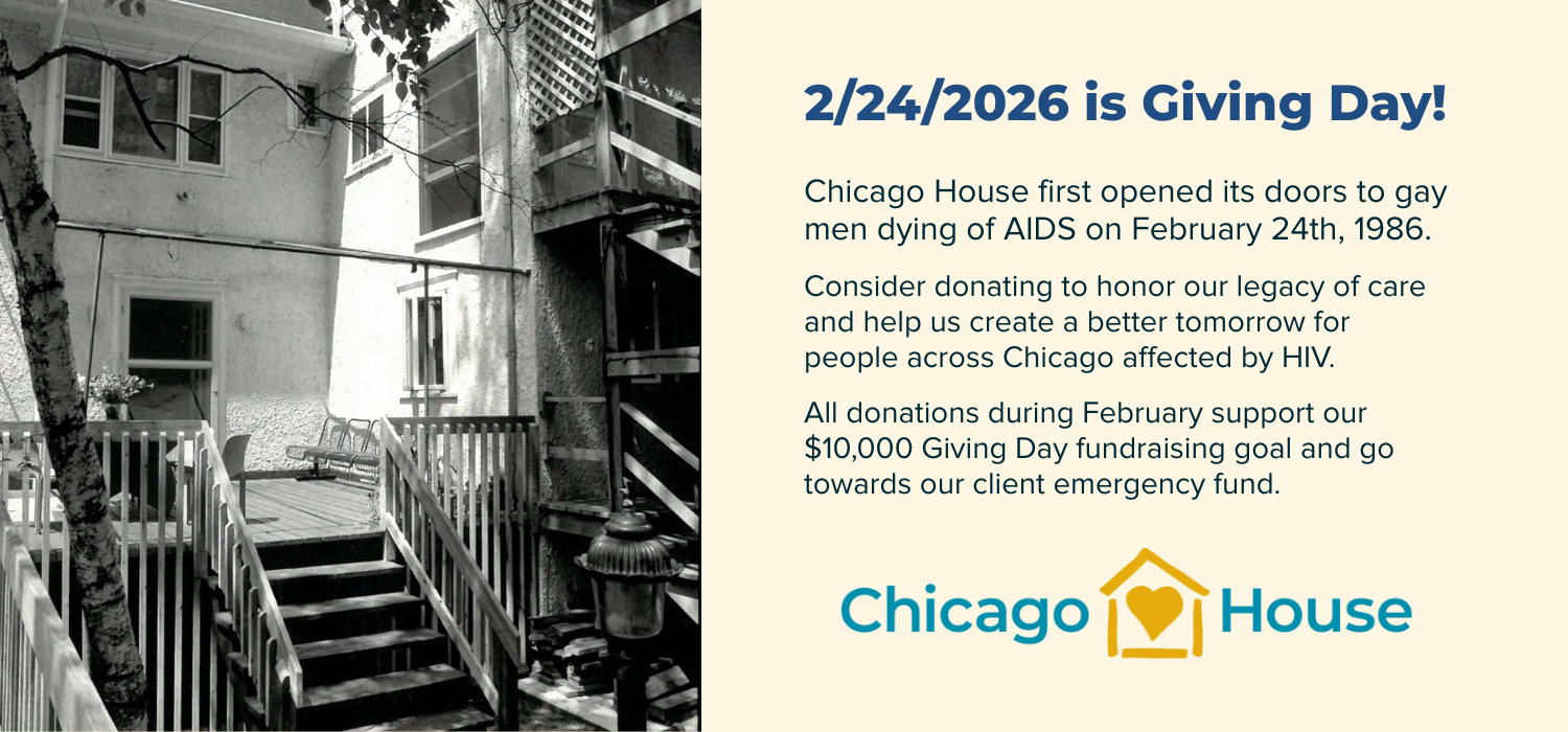 A black-and-white photograph of the porch and back entryway of the original Uptown location owned and operated by Chicago House on a sunny day. It features a short version of the text on this page and the Chicago House logo.