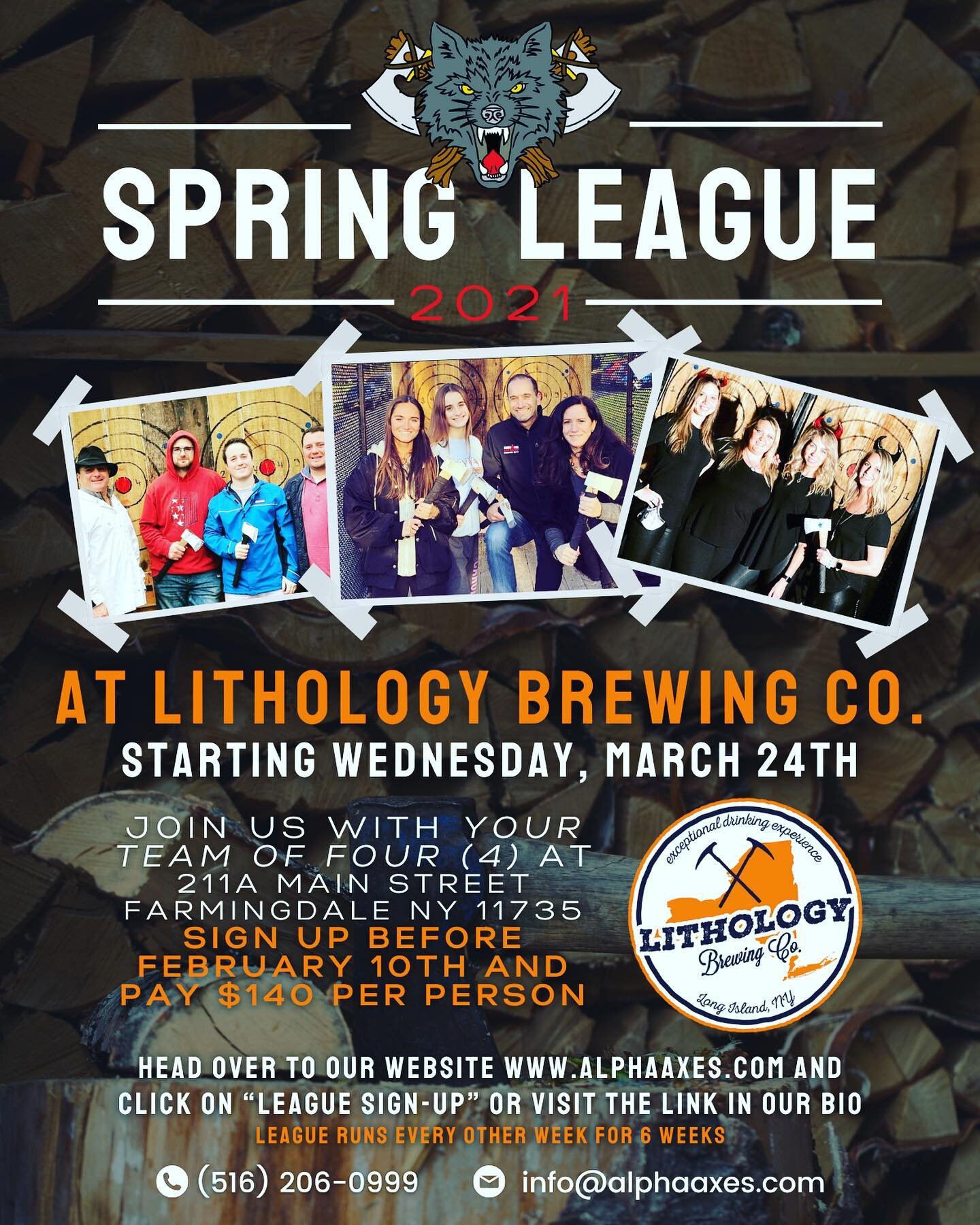 🚨NEW Spring League at Lithology Brewing Co., in Farmingdale, NY! 
🪓Starts, Wednesday, March 24, 2021
🪓Runs everyother week for 6 weeks 
🪓Teams of 4
🪓T-Shirts and trophies!
🪓$140 per person if you sign-up before February 10th! 
🪓 To register go