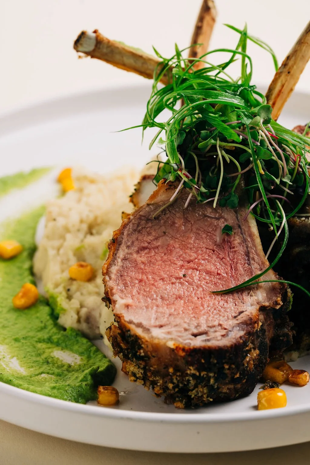 Close-up of a sliced rack of lamb with a crust, topped with microgreens, served with mashed potatoes, corn, and a green sauce on a white plate.