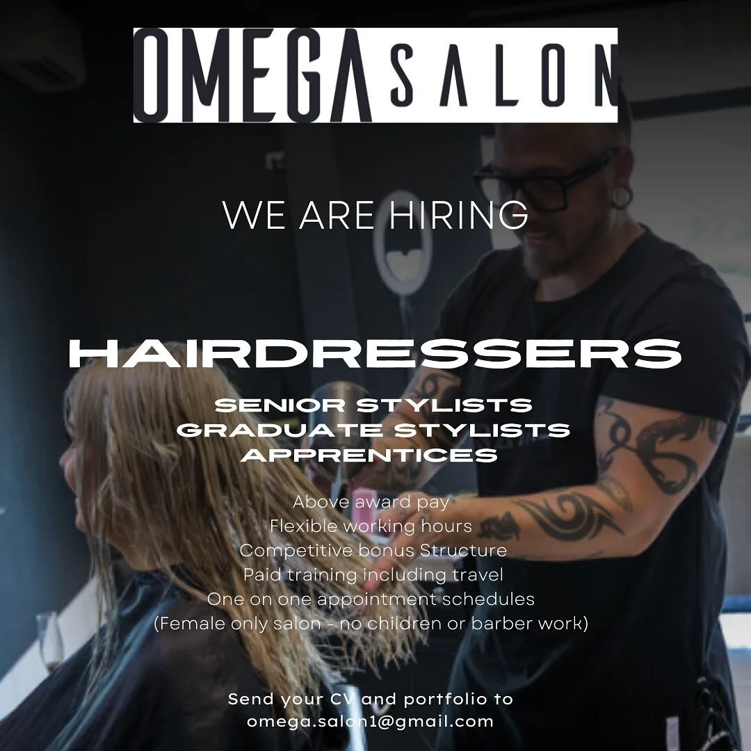 Want to work with an awesome team in a modern cool salon? Then get in touch&hellip; @omega.salon is looking at growing our team and are on the look out for apprentices, graduate stylists and senior stylists to join the team! 
Come join an awesome wor