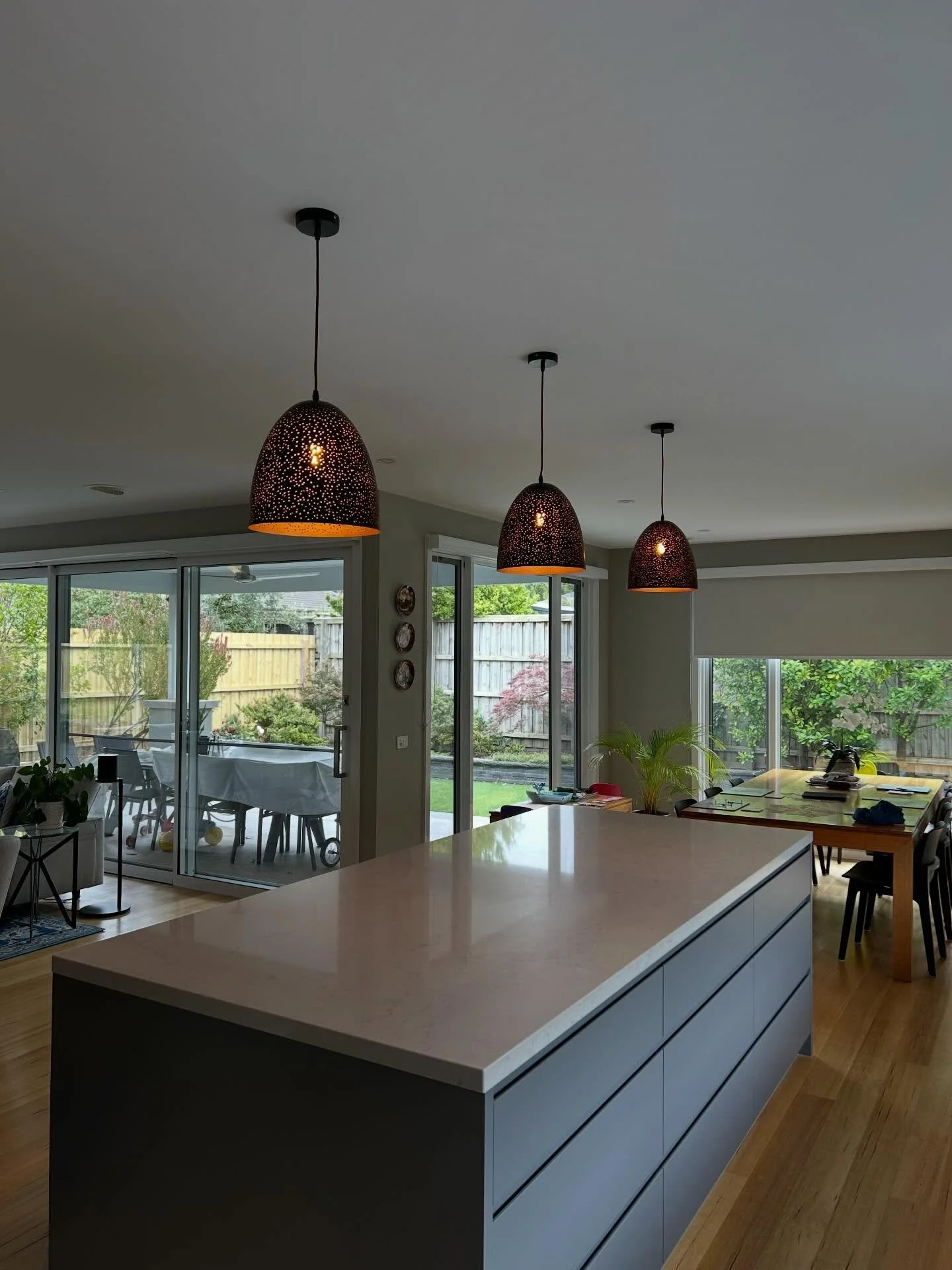 Island bench pendant lights replaced with @cla.lighting