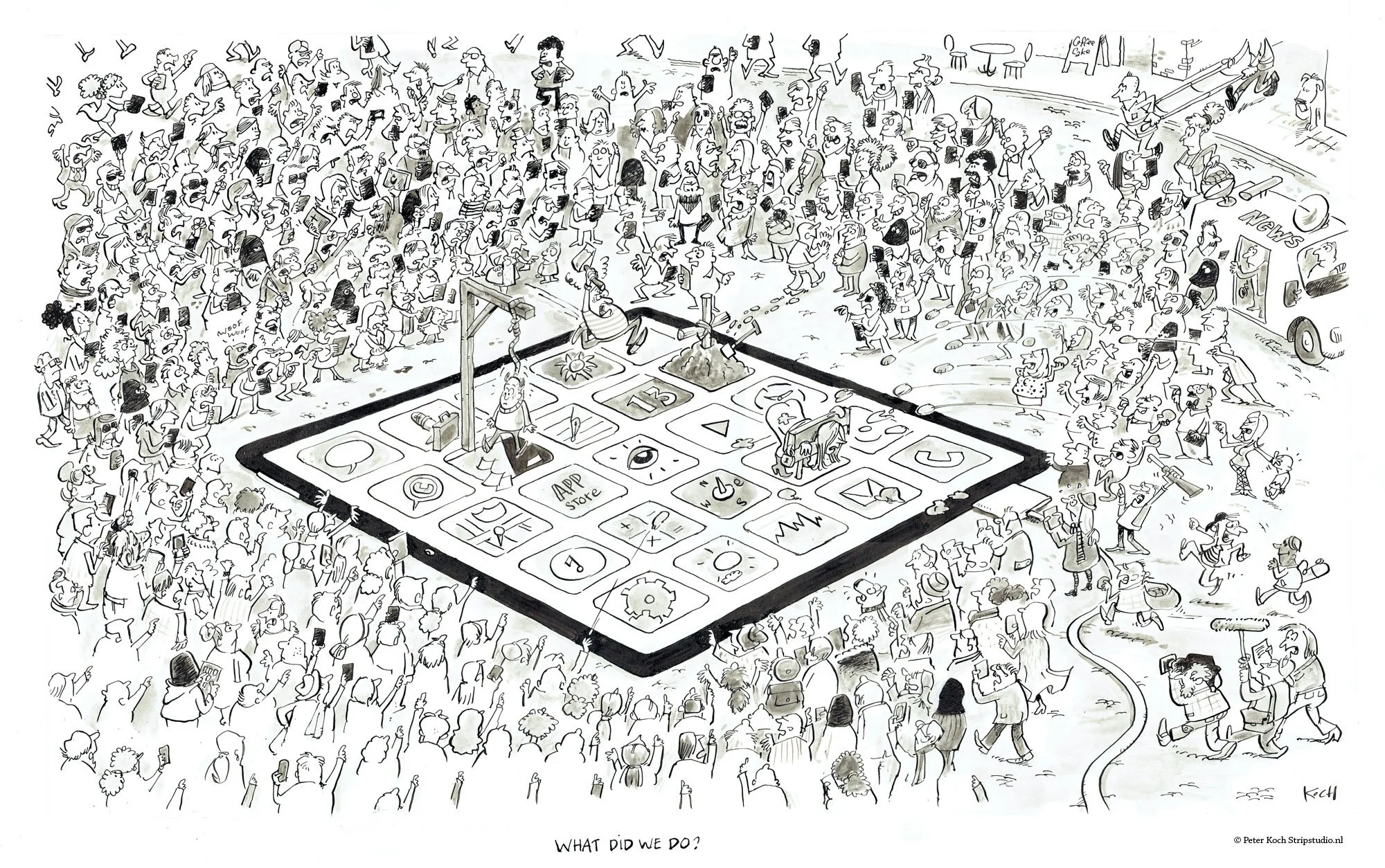 Stijlvoorbeeld live tekening in grijstinten. A1 formaat