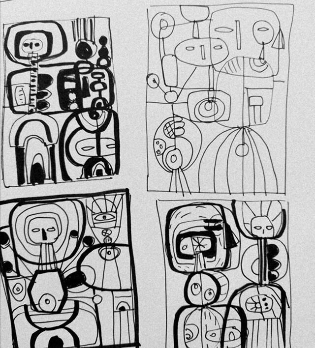 Sketchbook thumbnail drawings to be translated into papercut. I like integrating and recycling different media. These are drawn from my painted compositions which  used subconscious drawings as a starting point to leap off from.
#painting #design #dr