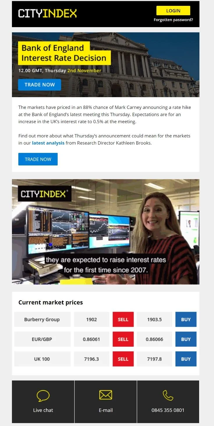 City Index advertisement for Bank of England interest rate decision, featuring a building, stock market data, a presenter, and current market prices for Burberry, EUR/GBP, and UK 100. Includes buttons for trading, live chat, email, and contact inform