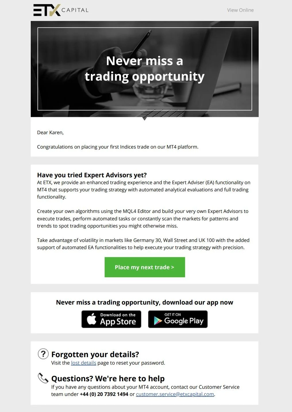 ETX Capital promotional email about trading opportunities with Expert Advisors on MT4 platform, featuring a "Place my next trade" button and app download links.