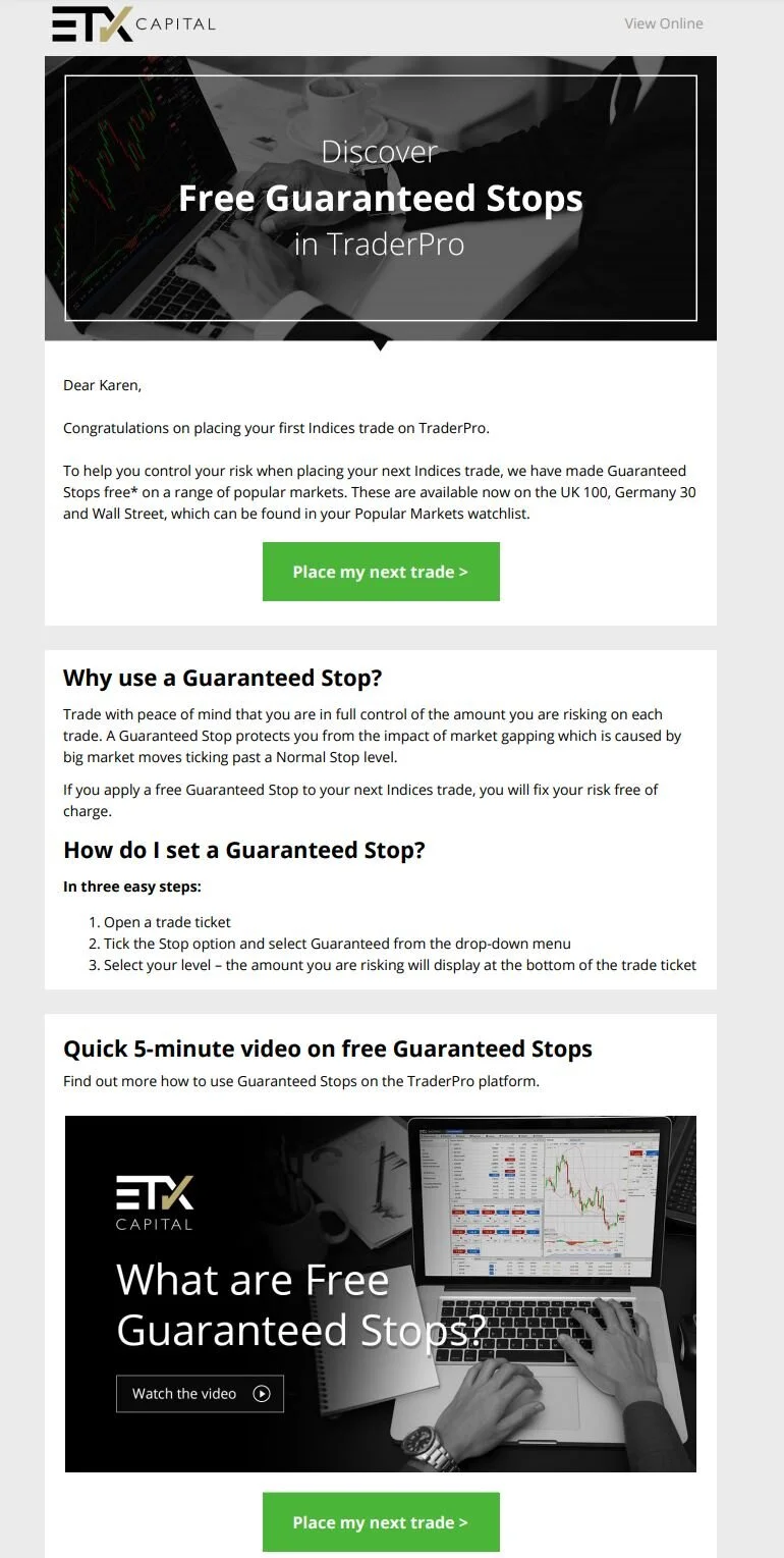ETX Capital TraderPro email about free guaranteed stops. Includes steps on setting a guaranteed stop and a video link.