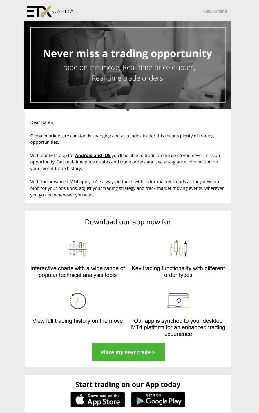 ETX Capital trading app promotional email