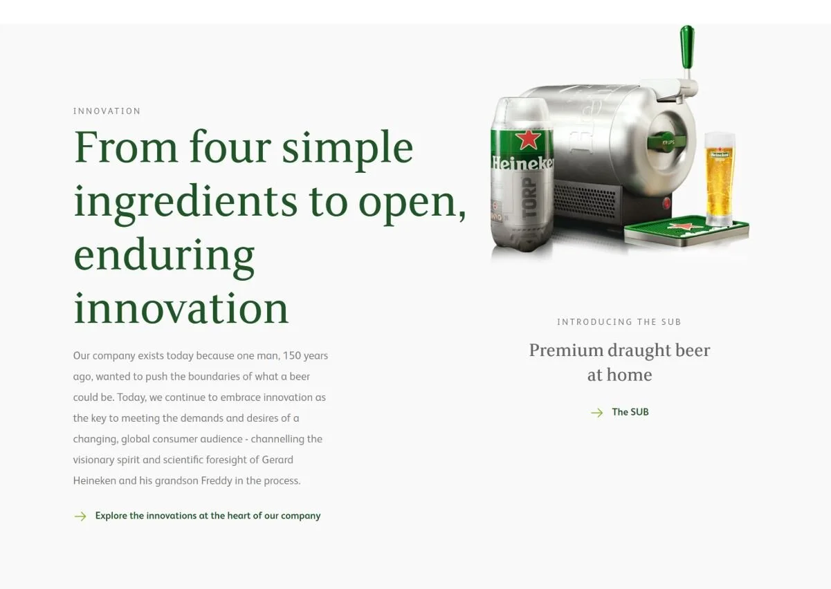 A beer dispensing machine with a Heineken beer can, a pint glass of beer on a green Heineken branded tray, and text about beer innovation.
