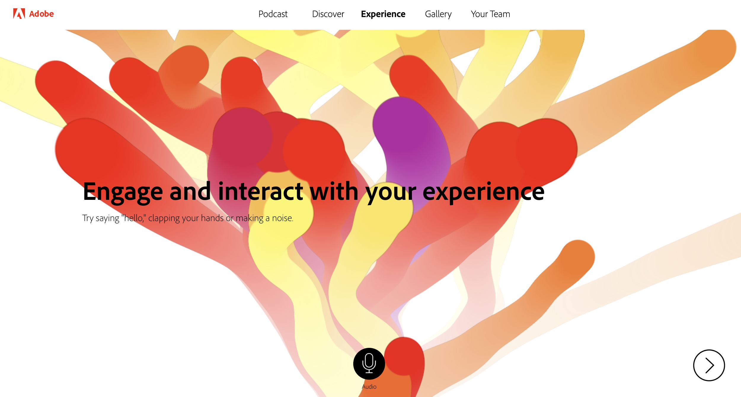 A colorful abstract illustration resembling interconnected shapes in red, orange, yellow, purple, and light pink hues, with overlay text about engaging and interacting with experiences and a menu bar at the top, including options like Podcast, Discover, Experience, Gallery, and Your Team.