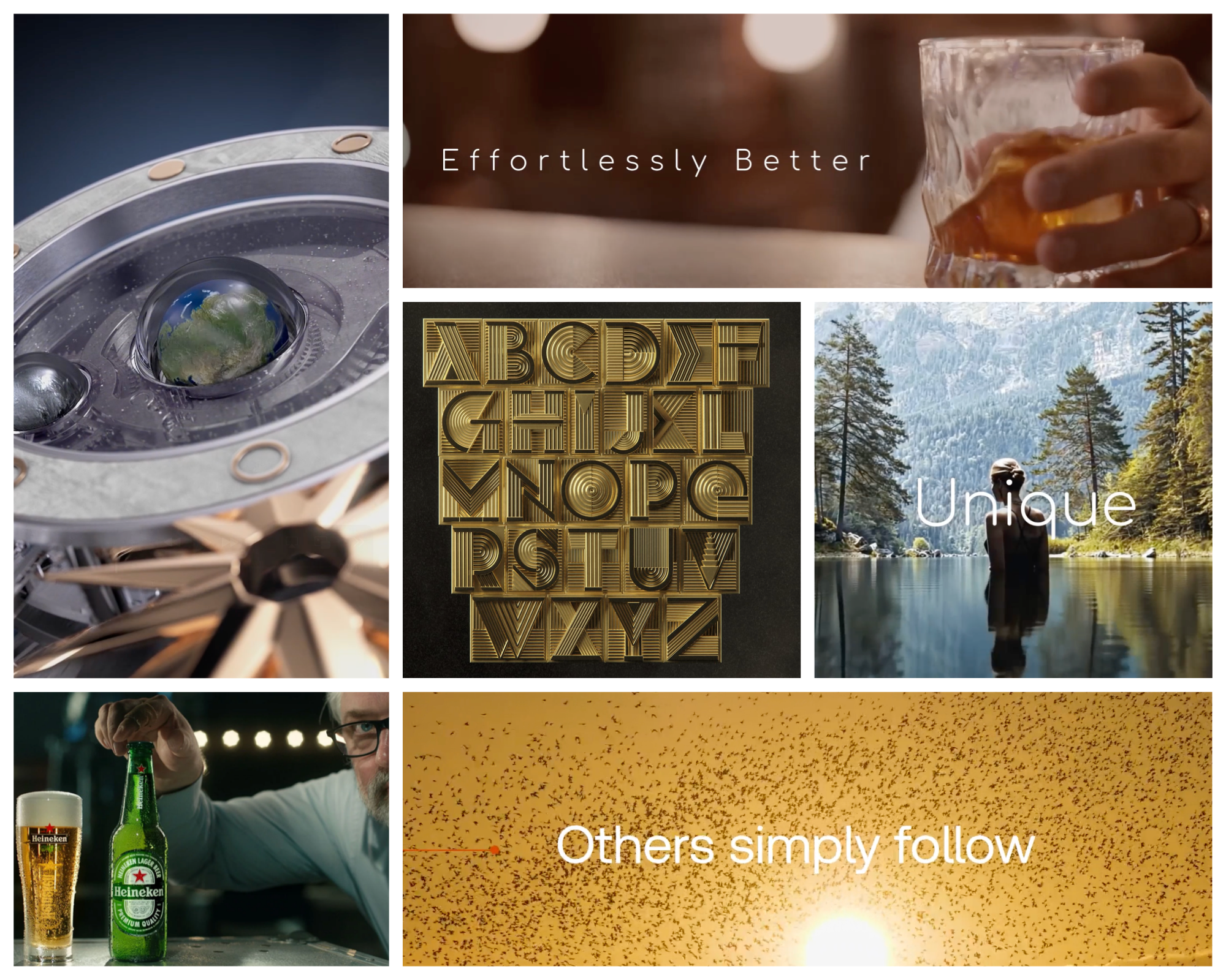 A collage of various images, including a close-up of a wristwatch, the phrase 'Effortlessly Better,' a window with nature outside, alphabet letters in gold, a person with binoculars by a lake, a person raising a glass of amber beverage with their hand, and a man holding a bottle of Heineken beer at a bar.