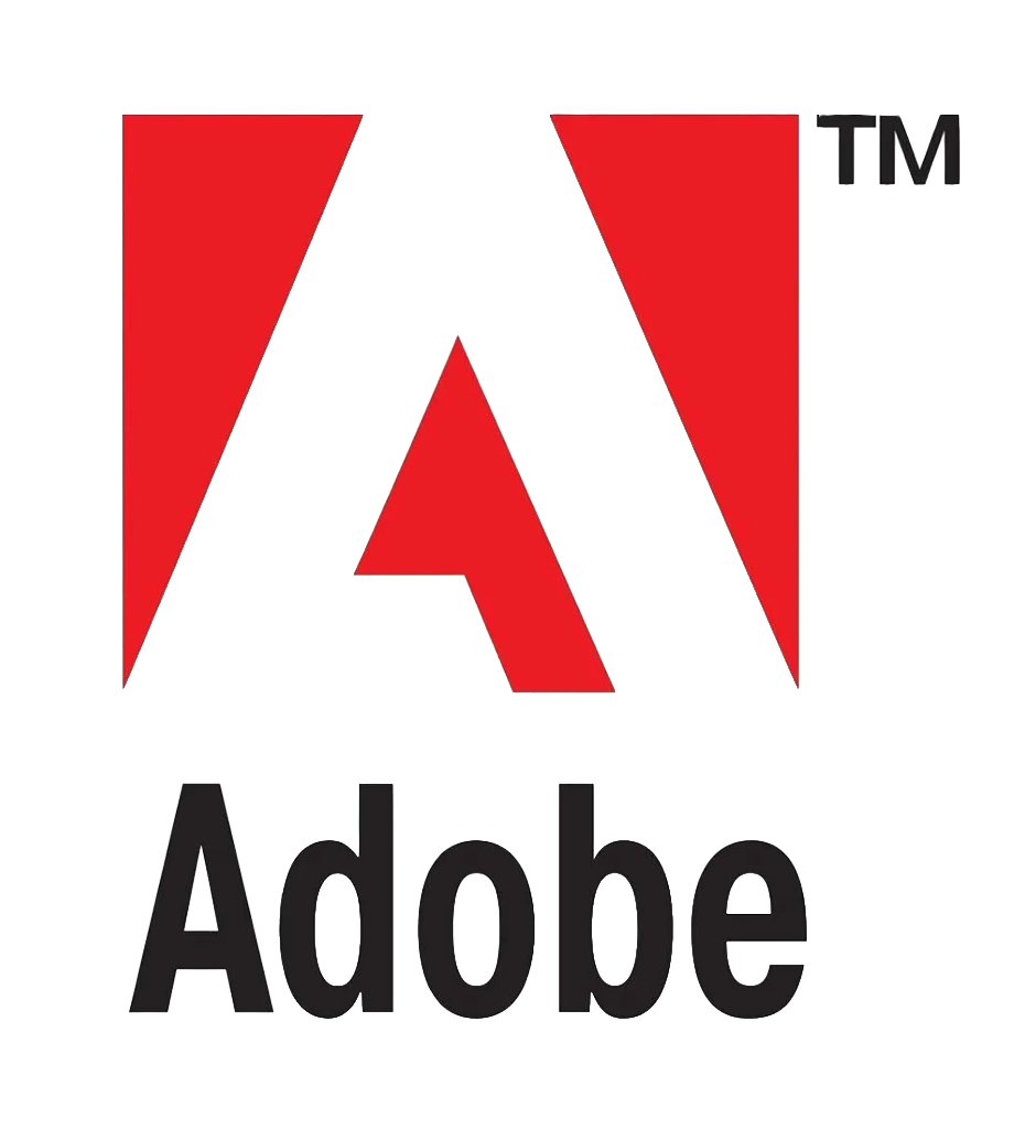 Adobe logo with a stylized letter 'A' in red, black, and gray colors, and the word 'Adobe' in black below the logo.