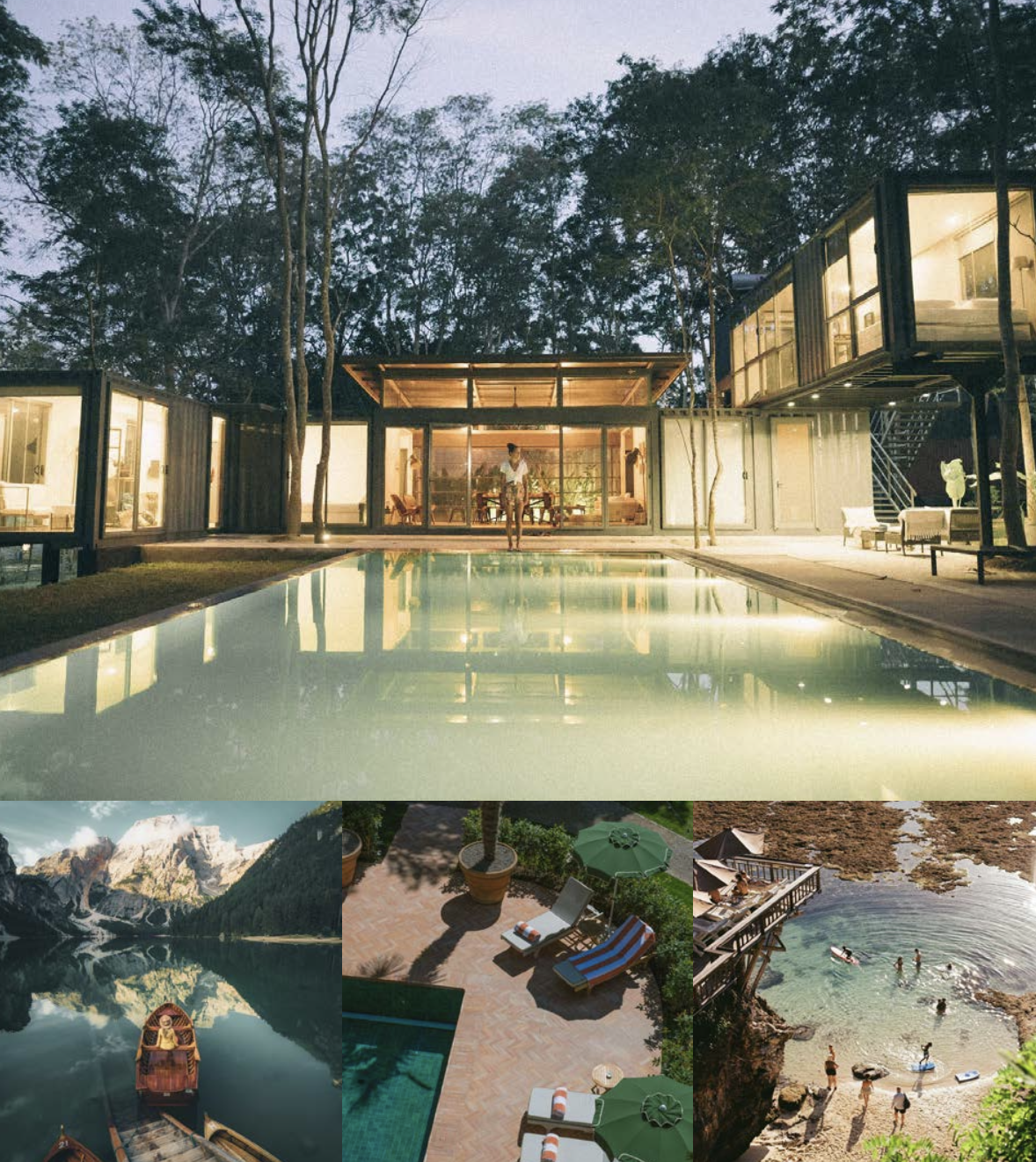 A modern house with large glass windows surrounded by trees, with an illuminated swimming pool in the foreground. The interior of the house is visible through the windows, showing furniture and lighting. The scene is at dusk or early evening.