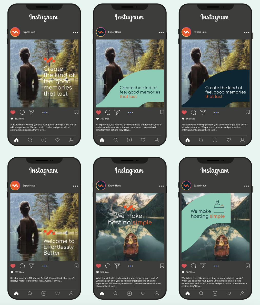 Six Instagram posts promoting ExperiHaus's hosting services with vacation and nature imagery, accompanied by motivational and service-related slogans.