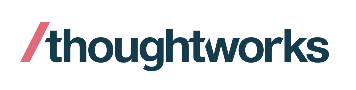 Logo with a pink slash followed by the word 'thoughtworks' in navy blue bold lowercase letters.