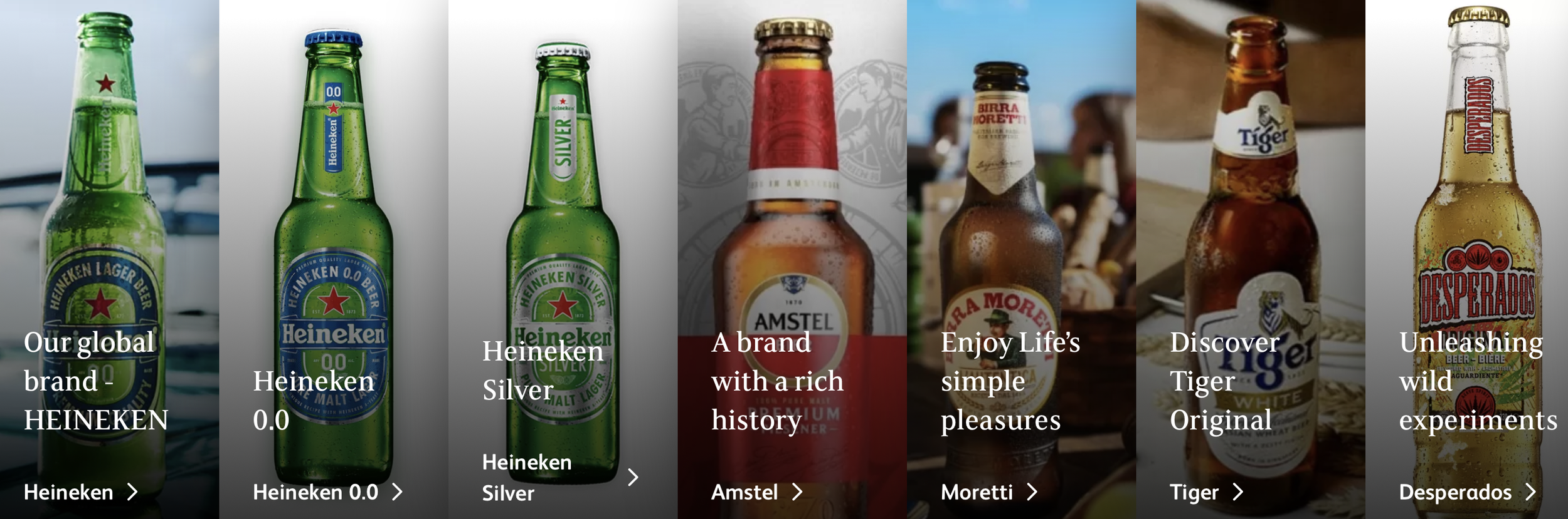 A row of various beer bottles including Heineken, Heineken 0.0, Heineken Silver, Amstel, Moretti, Tiger, and Desperados.