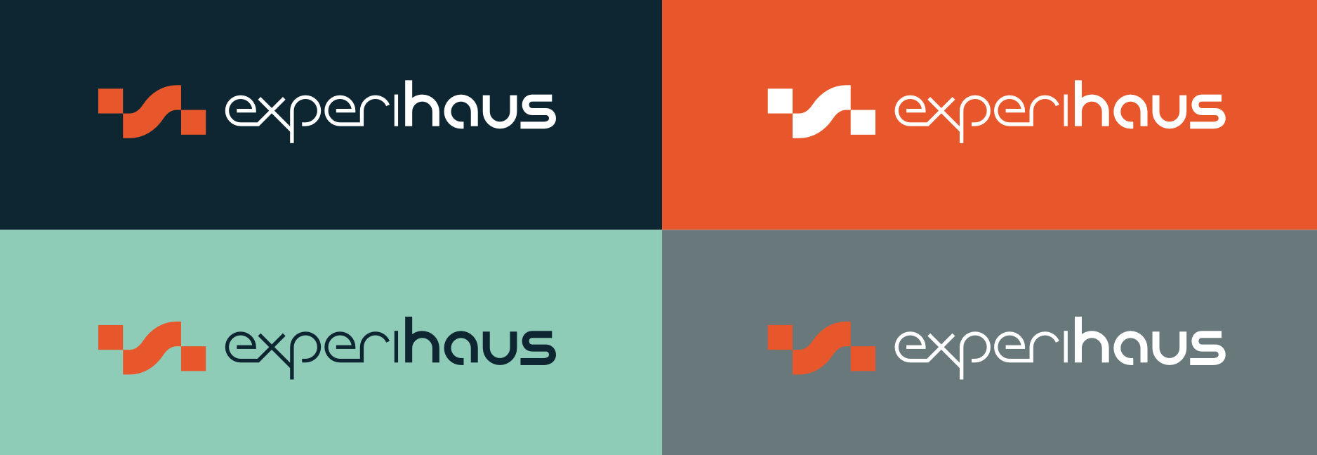 Four variations of the Experhaus logo with different background colors and logo color schemes.