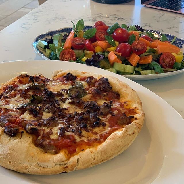 Thank you @jamieoliver for today&rsquo;s lunch inspiration, made by child no 2! 
A delicious deep crust pizza. The dough is made out of purely self raising flour and water. She fried up sausage meat from sausages we happened to have in the fridge, ja