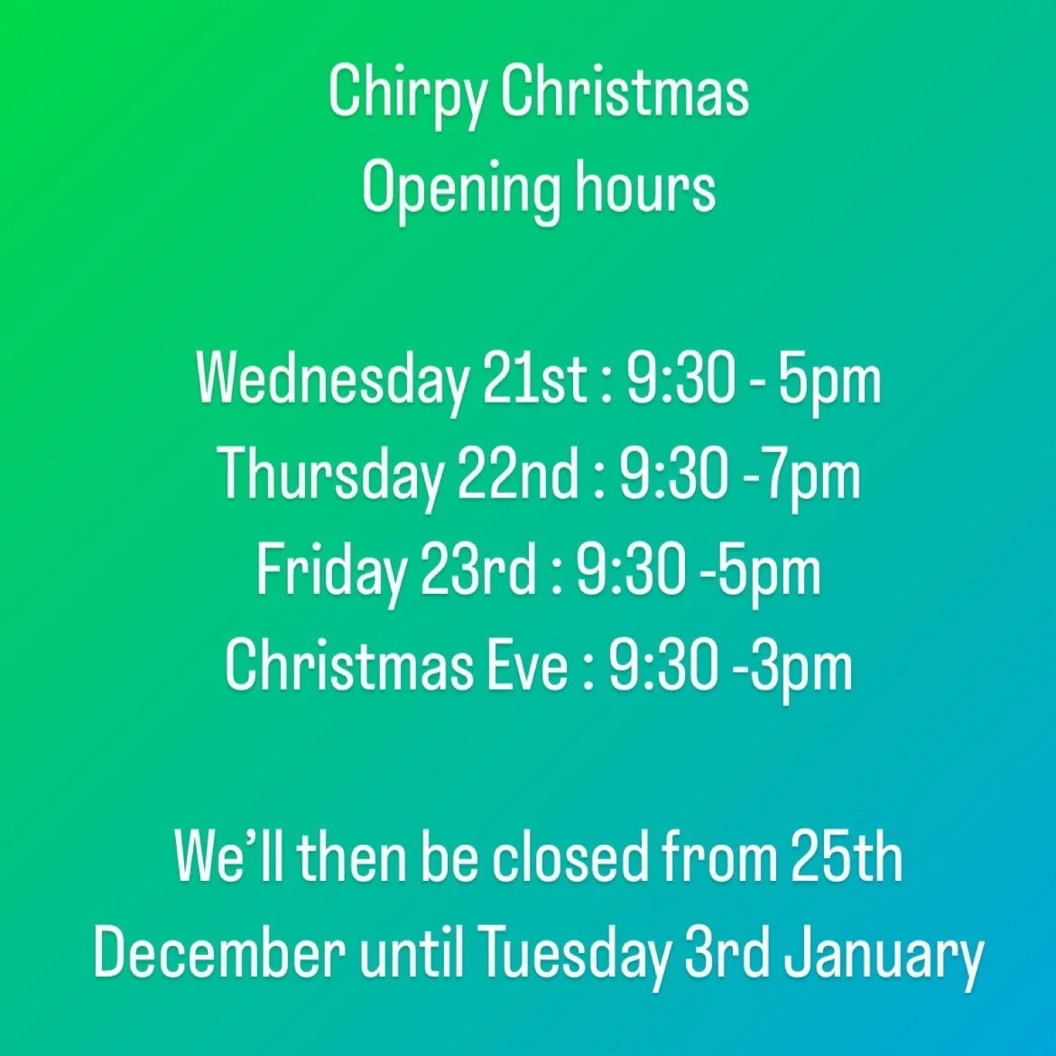 Christmas Opening Hours
