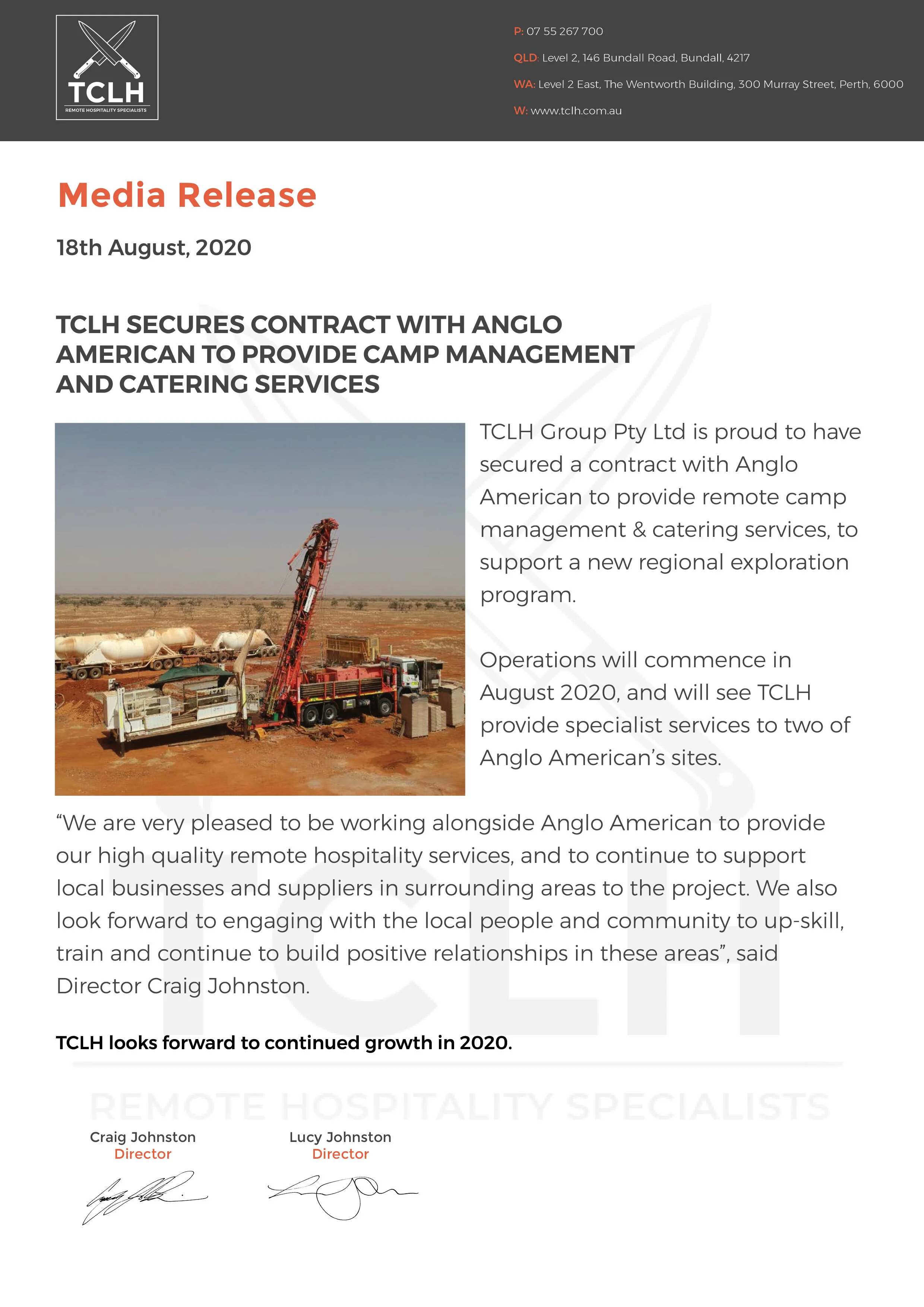 TCLH SECURES CONTRACT WITH ANGLO AMERICAN TO PROVIDE CAMP MANAGEMENT AND CATERING SERVICES