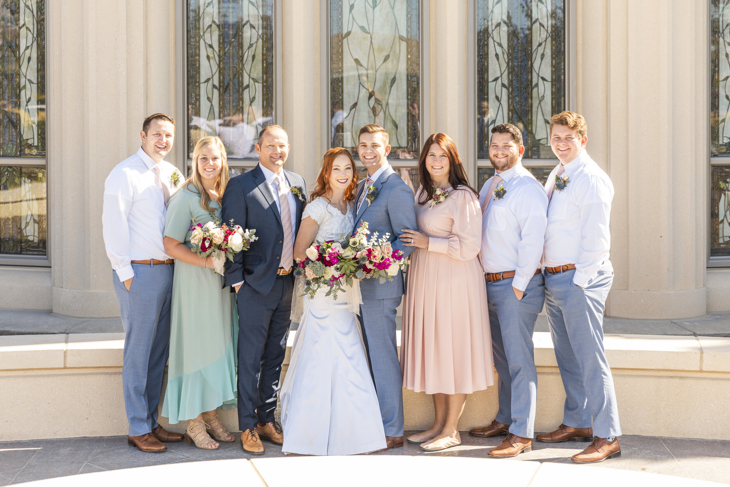  happy glowing family family pictures big day sealed for time and all eternity beautiful bright lds wedding grooms men attire inspiration mother father brides maids and grooms men wedding attire inspiration wedding colors inspiration soft pink and bl