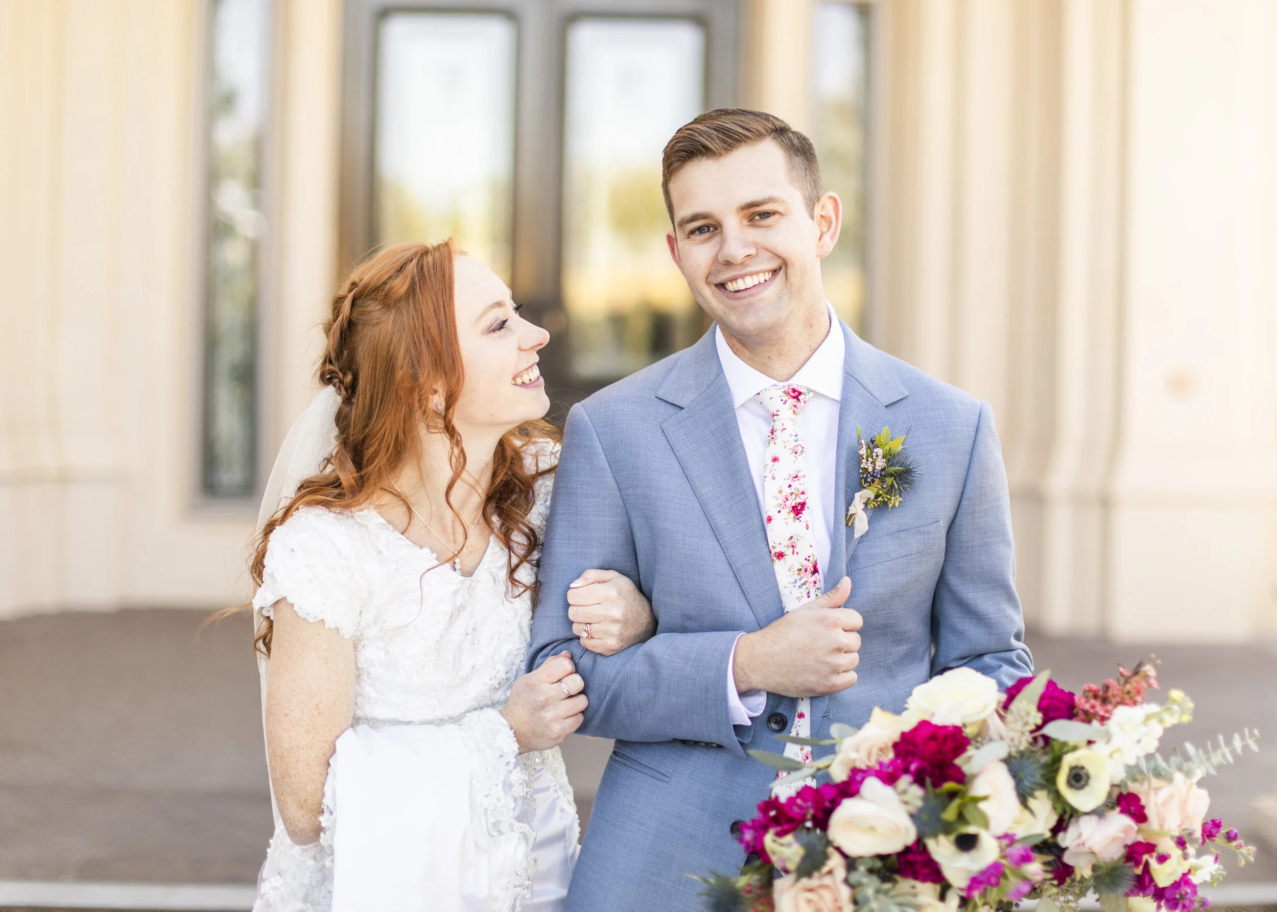  wife smiling at husband you can see the love wedding tie inspiration floral tie wedding day outfit inspiration wedding dress inspiration wedding goals wedding lds wedding inspiration outside the temple photo shoot session radiant couple young love w