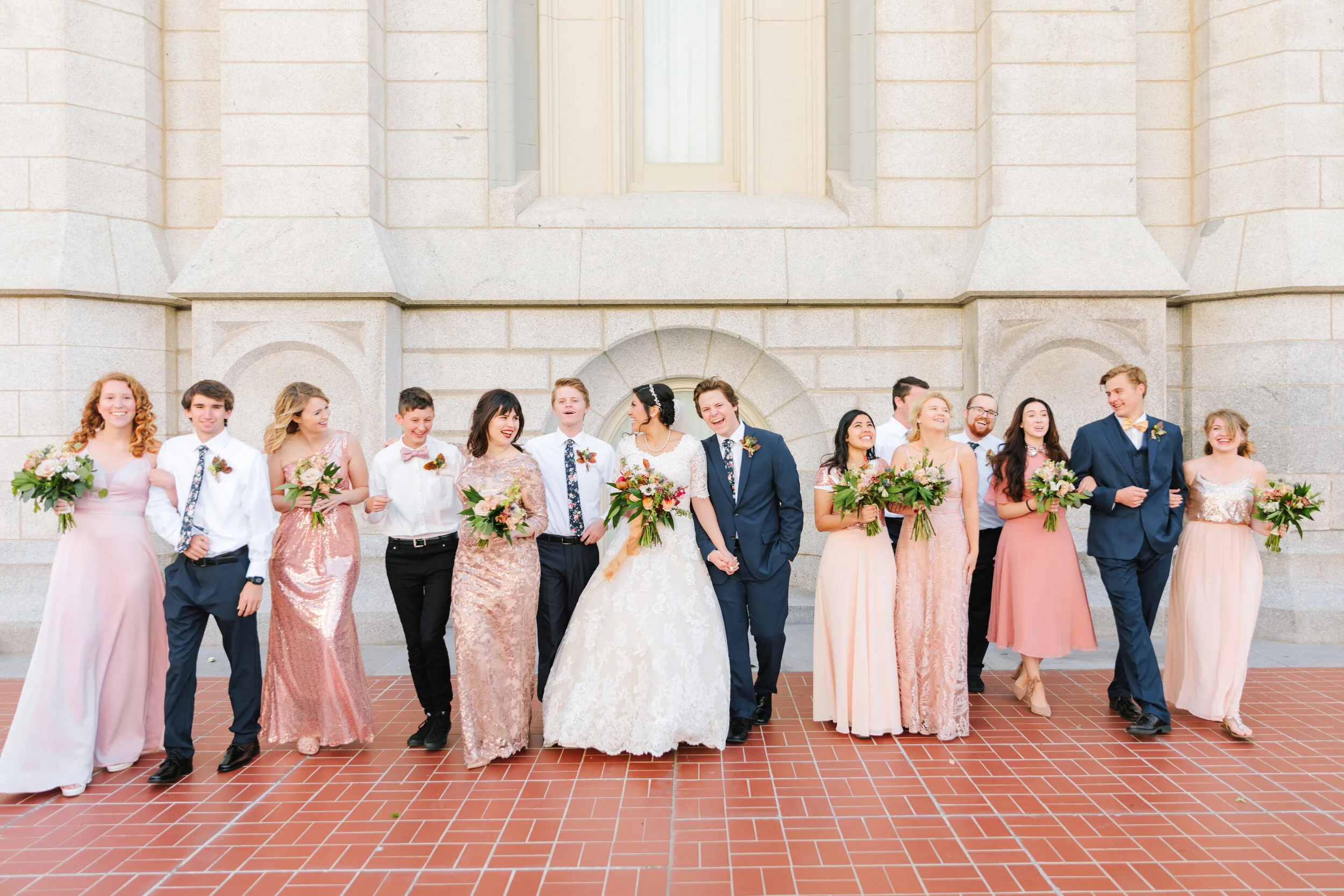  bridesmaids and groomsmen with the bride and groom wedding party attire brides maids wedding dress inspiration wedding color inspiration wedding party attire goals and inspiration for the modern bride groomsmen wedding suit inspiration pink and blue