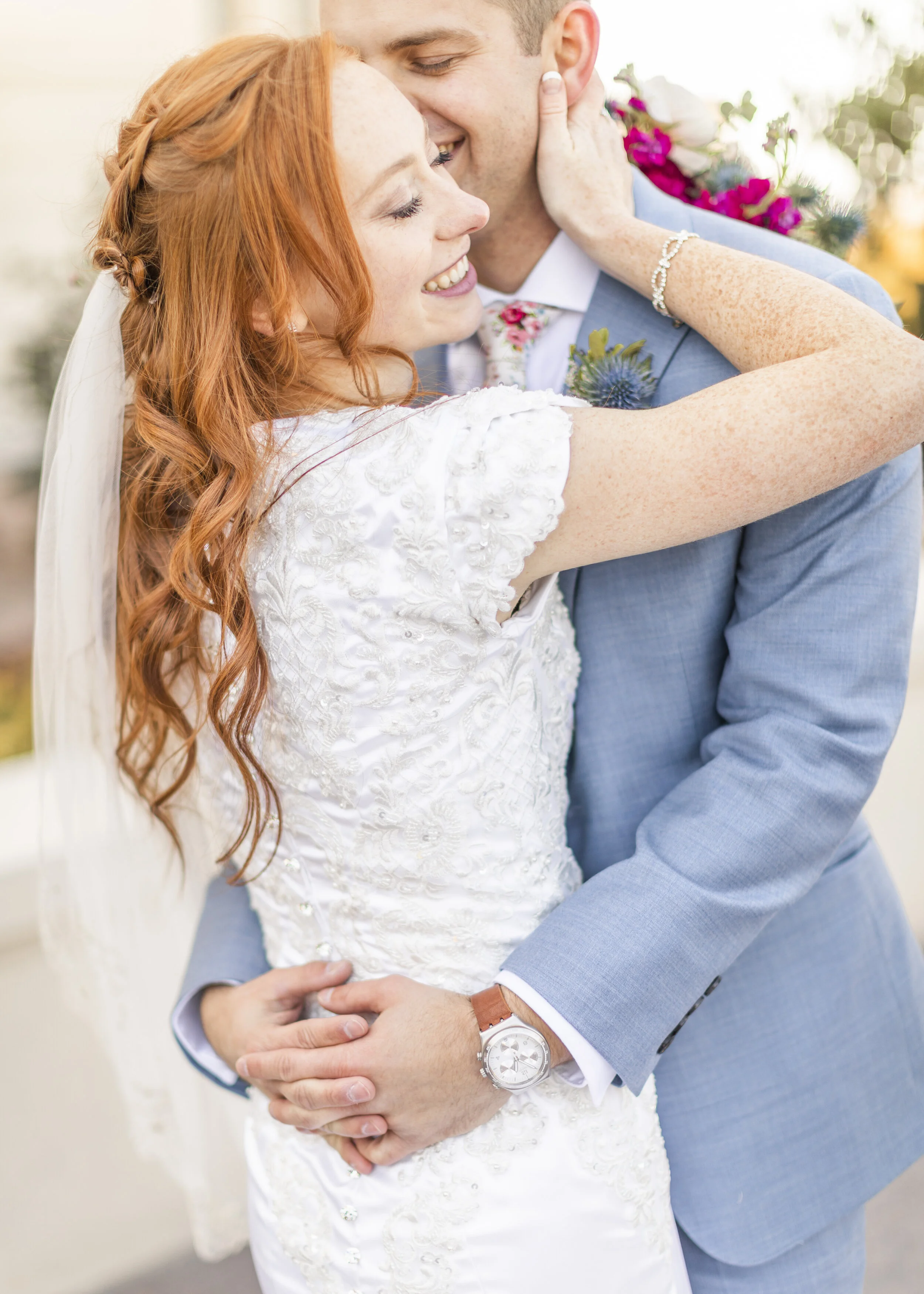  wedding hairstyle for long hair half up and half down soft curls romantic and fun wedding hairstyle inspiration short sleeve wedding dress inspiration summer wedding dress unique blue wedding tux wedding suit groom suit inspiration wedding attire in