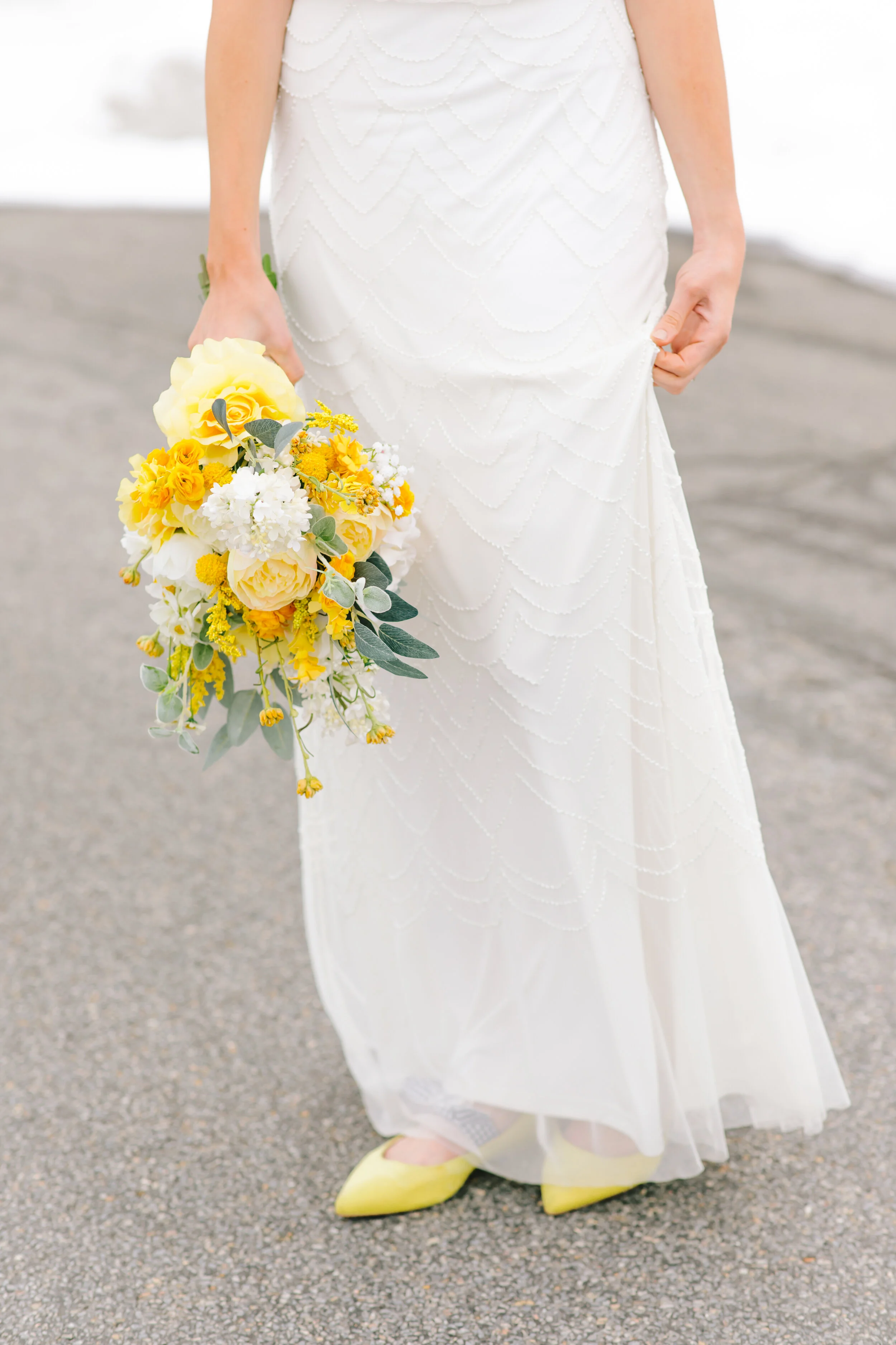  wedding shoes match the wedding bouquet unique wedding attire inspiration yellow pointed shoes yellow and blue wedding bouquet inspiration formal wedding photography inspiration just the bride bright happy wedding color inspiration spring wedding #w