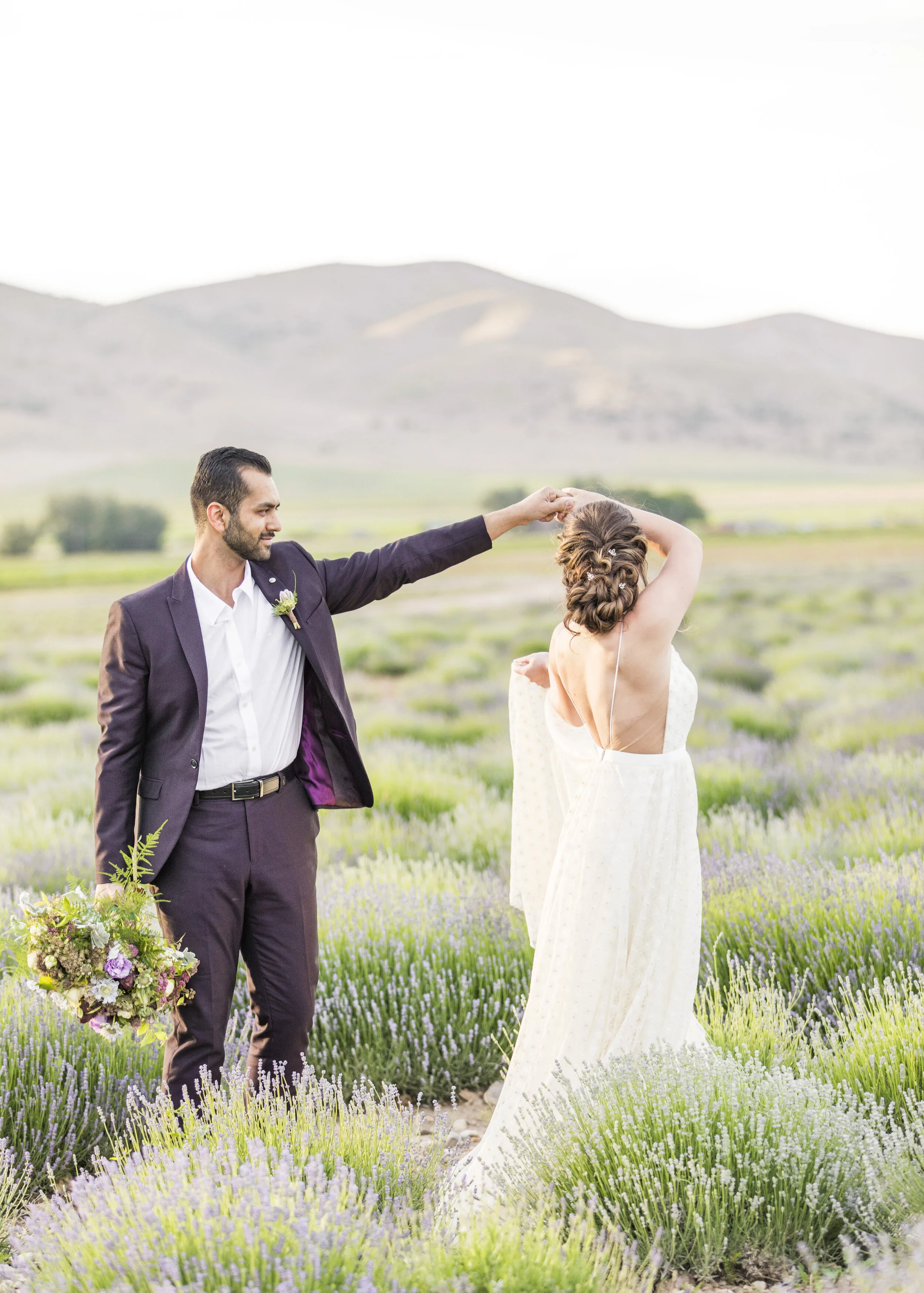  lavender field wedding shoot inspiration wedding hairstyle inspiration mens suit inspiration wedding aesthetic inspiration dancing together romantic wedding photo shoot session utah lavender field photo shoot destinations dancing with the bride #wed