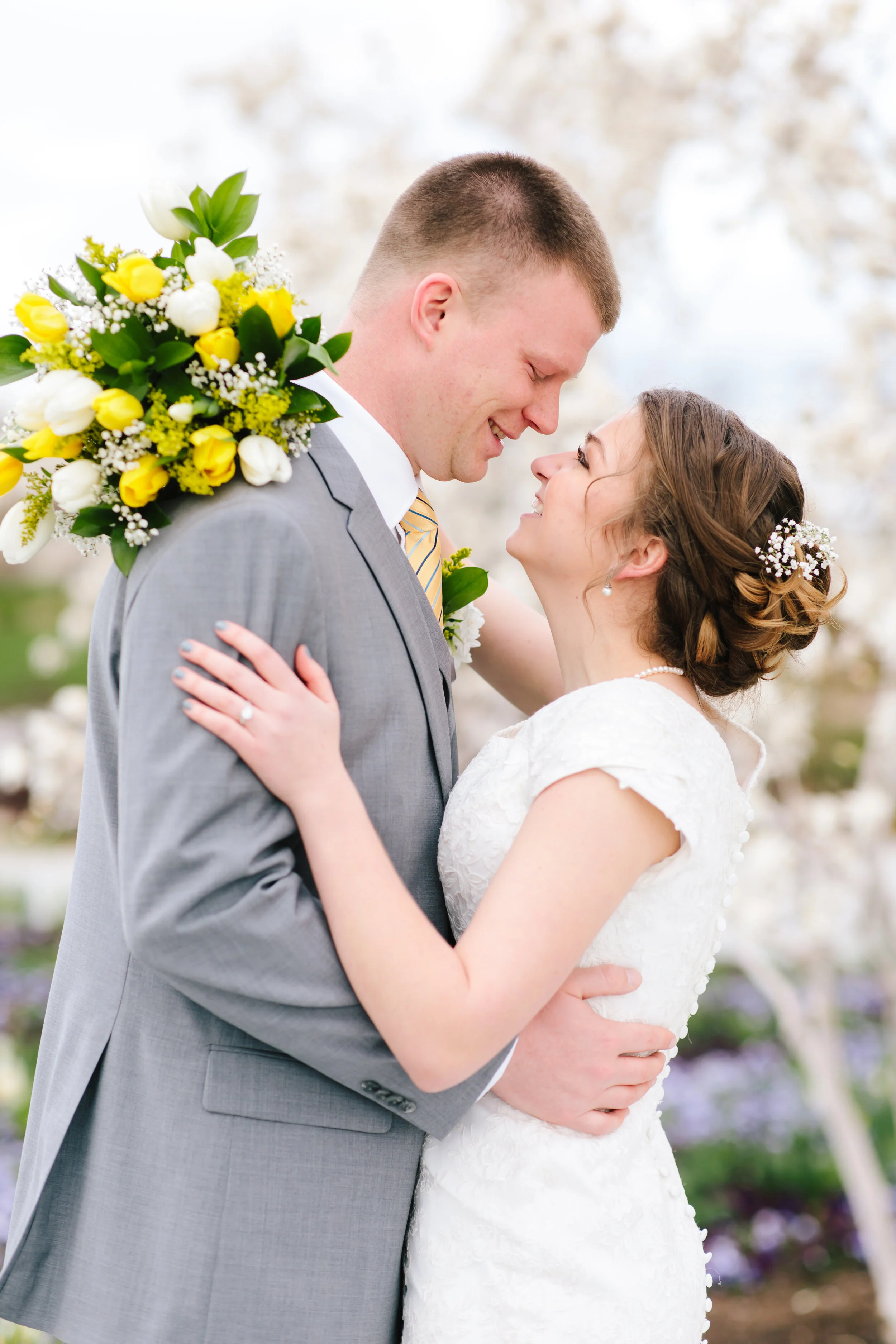  loving couple wedding inspiration wedding goals couple goals wedding inspiration goals wedding up do hairstyle inspiration bridal hairstyle inspiration yellow and white wedding bouquet inspiration yellow tie grey suit flowers in the hair inspiration