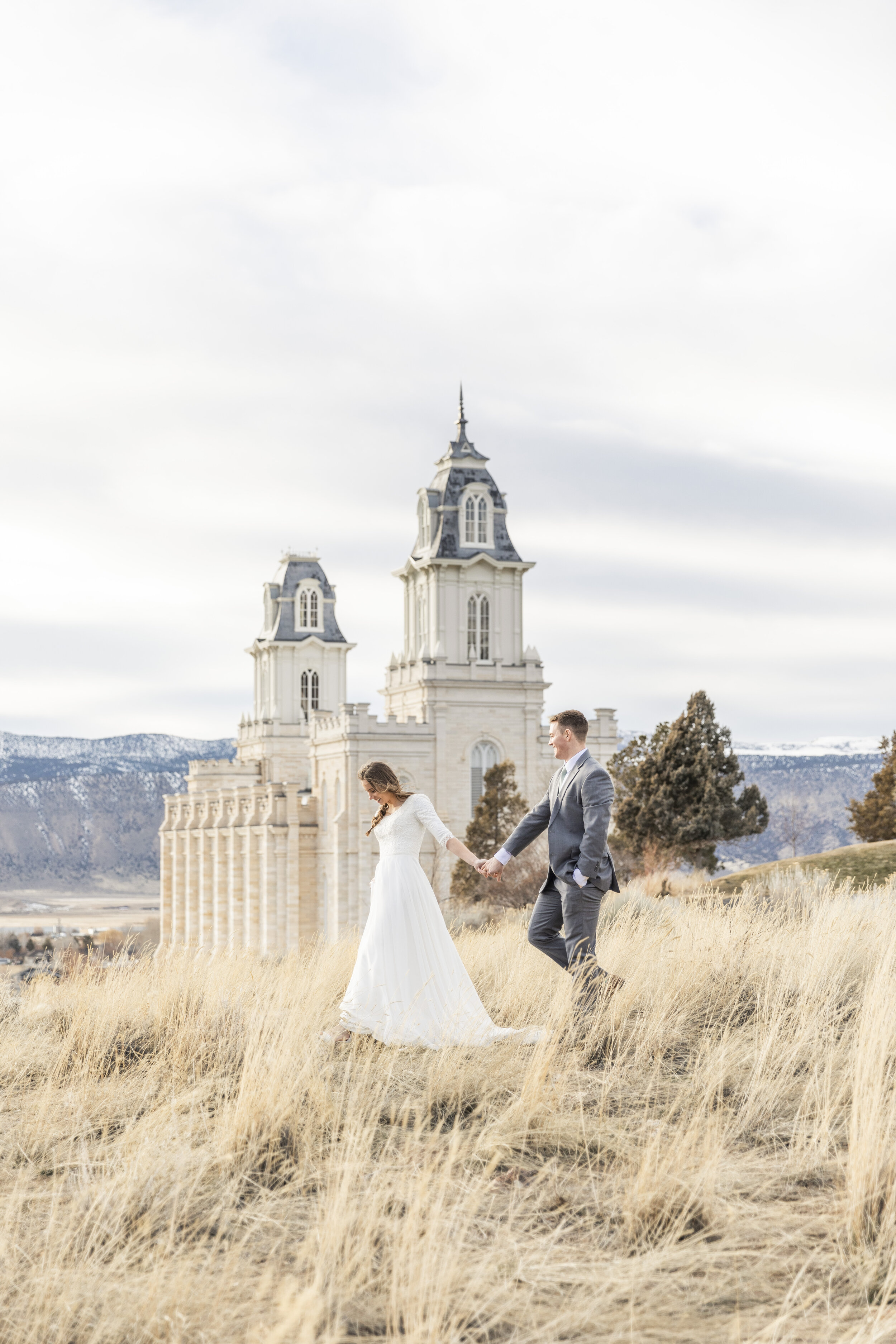 lds temple marriage utah wedding photography wedding picture location ideas tall brown grass bride and groom in field bride and groom walking bride leading groom modest wedding dress happily ever after strengthening your relationship fiance #clarity
