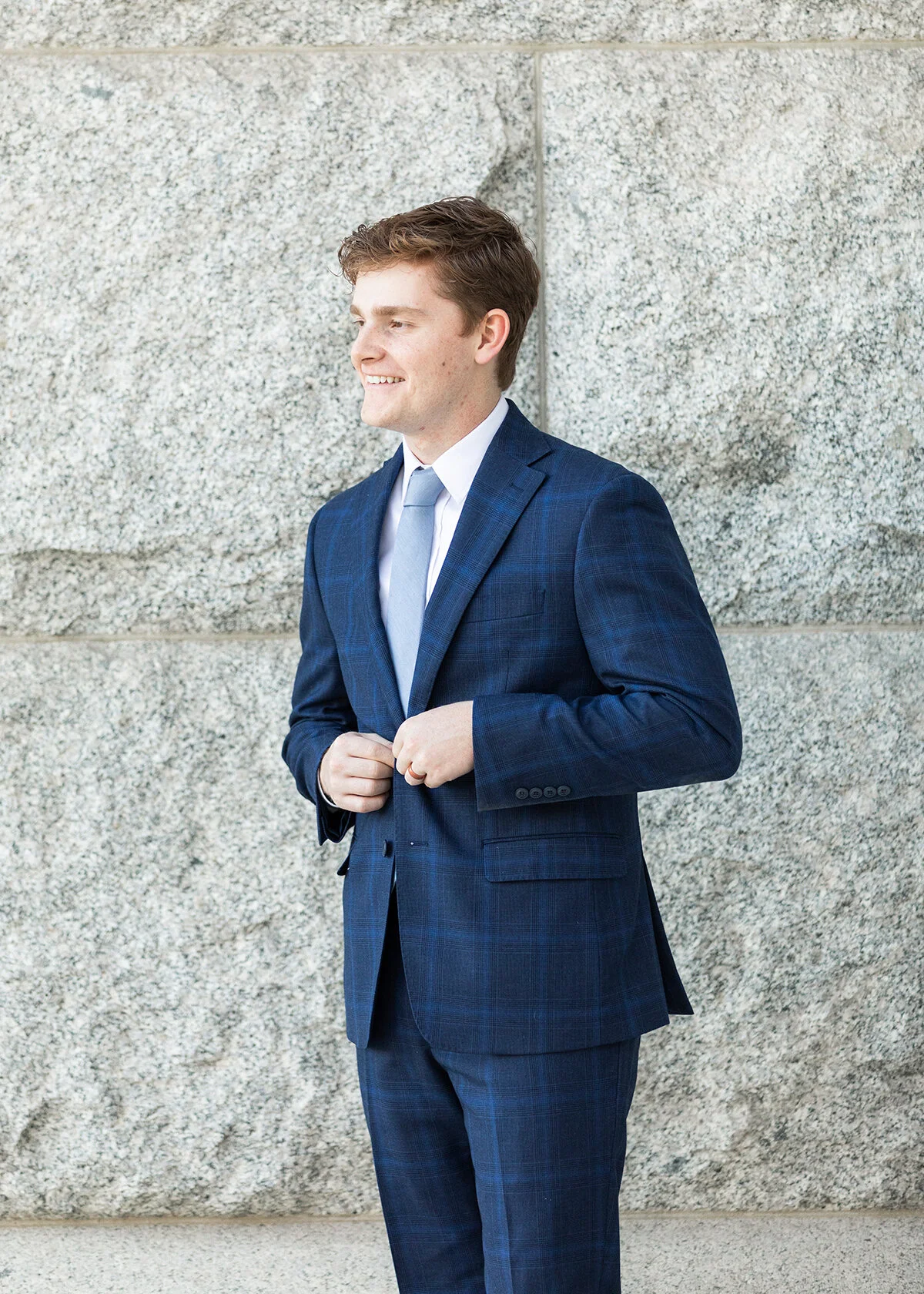  Close up shot of groom in blue checkered suit with light blue tie during his formals photo shoot in Northern Utah with Clarity Lane Photogrpahy. salt lake city utah blue checkered suit blue tie light blue how to dress your groom inspiration for dres