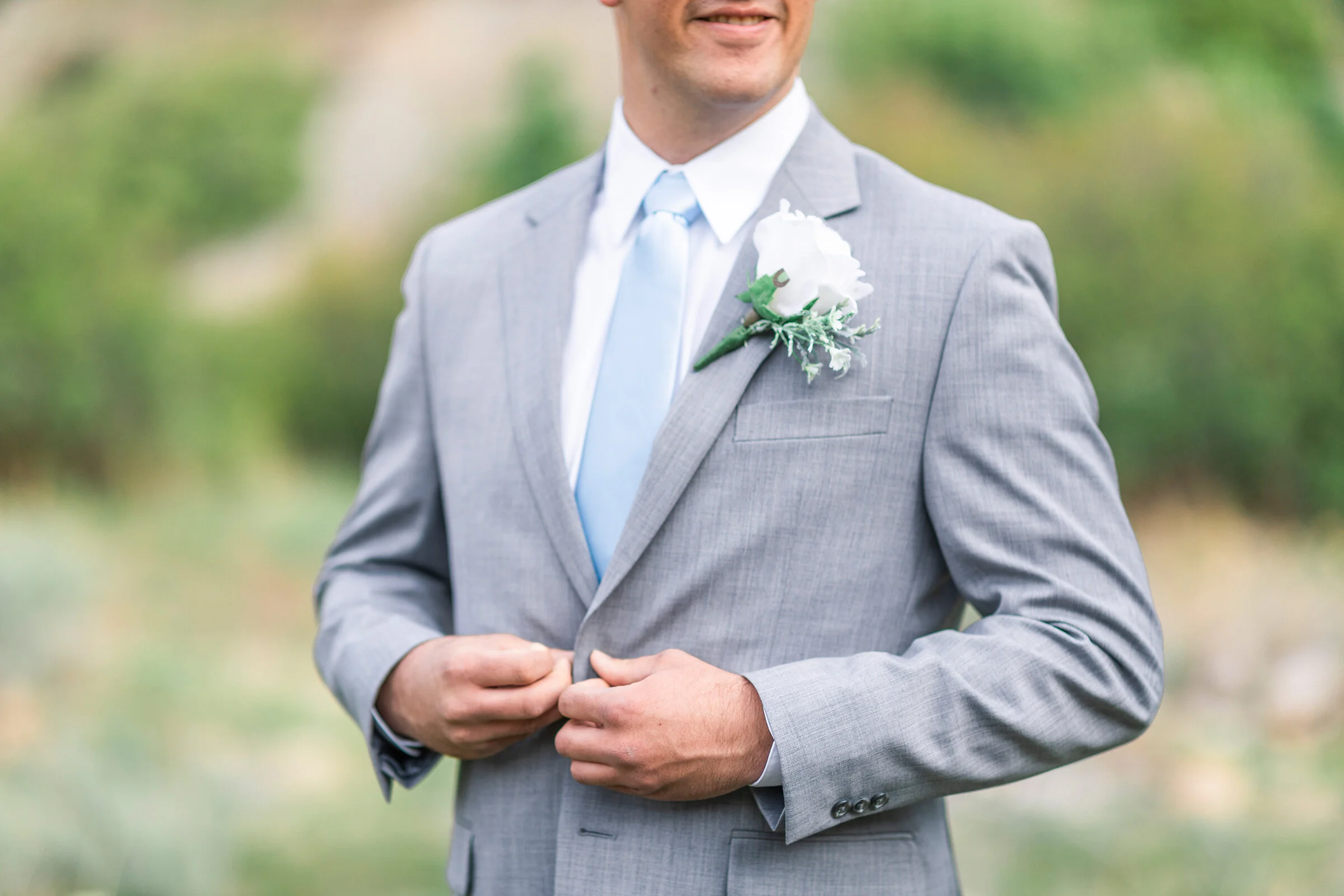 light grey tux with light blue tie