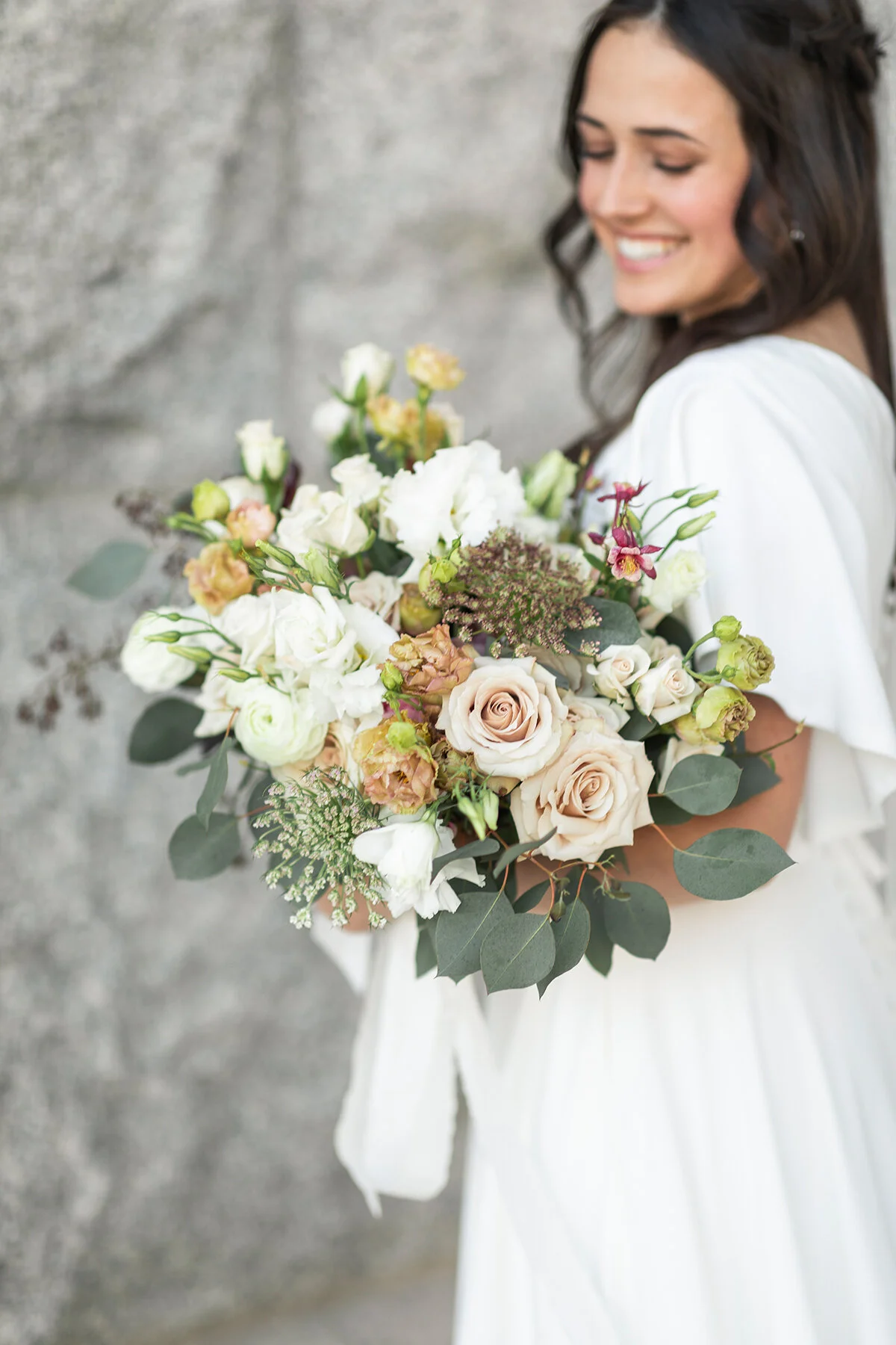  A rustic-insprired styled bridal bouquet with a flutter sleeve wedding dress shoot by Clarity Lane Photography in Northern Utah. wedding photographer white natural light-pink rustic flowers utah brides flutter sleeve wedding dress salt lake city, ut