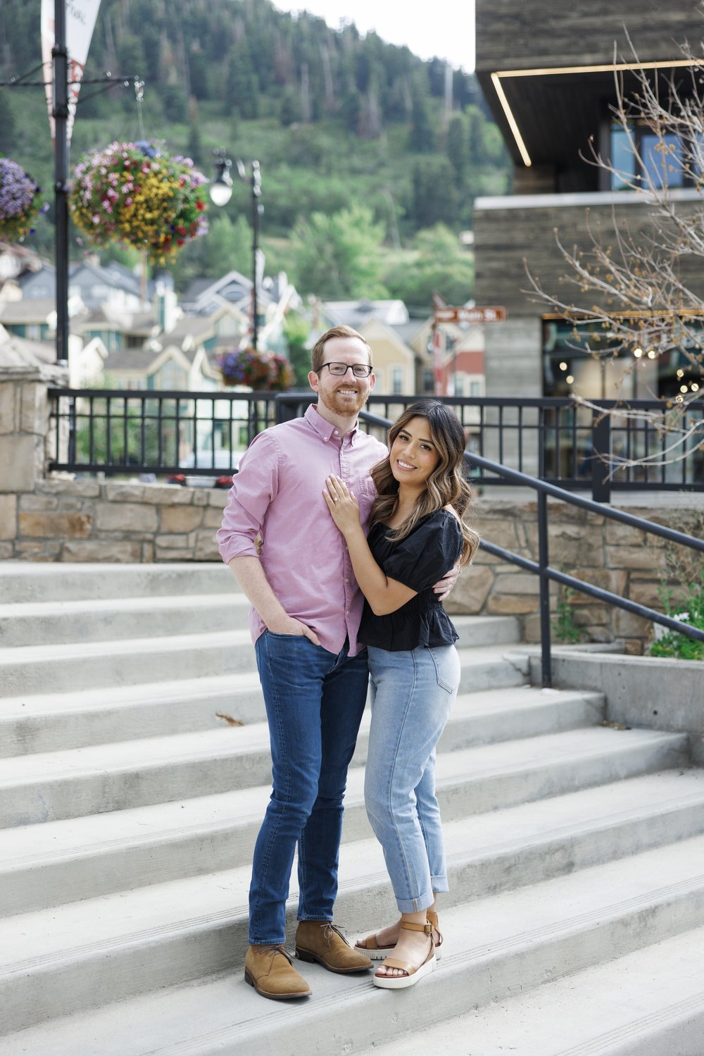 In Park City, Utah a couple takes engagement portraits on a cement staircase for a modern vibe by Savanna Richardson Photography. mountain engage #ParkCityEngagements #ParkCityPhotographers #SavannaRichardsonPhotography #SavannaRichardsonEngagements