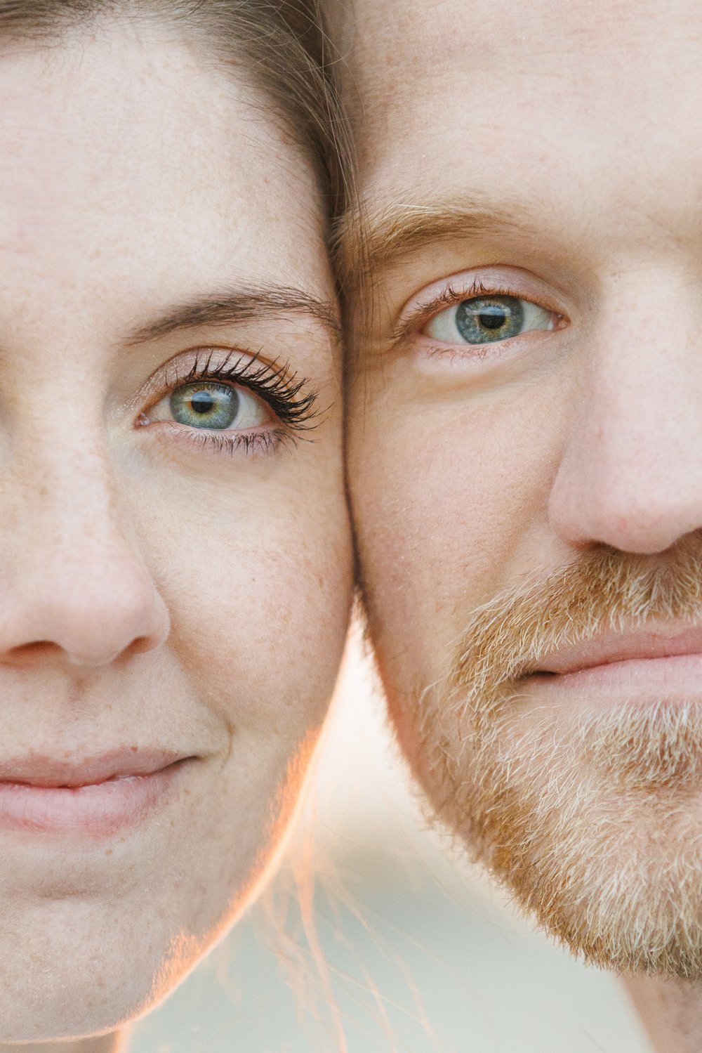  A detailed portrait of a couple's face half and half featuring their blue eyes by Savanna Richardson Photography in SLC, UT. close face portrait eye engagement shot #SavannaRichardsonPhotography #SavannaRichardsonEngagements #UtahEngagements #Antelo
