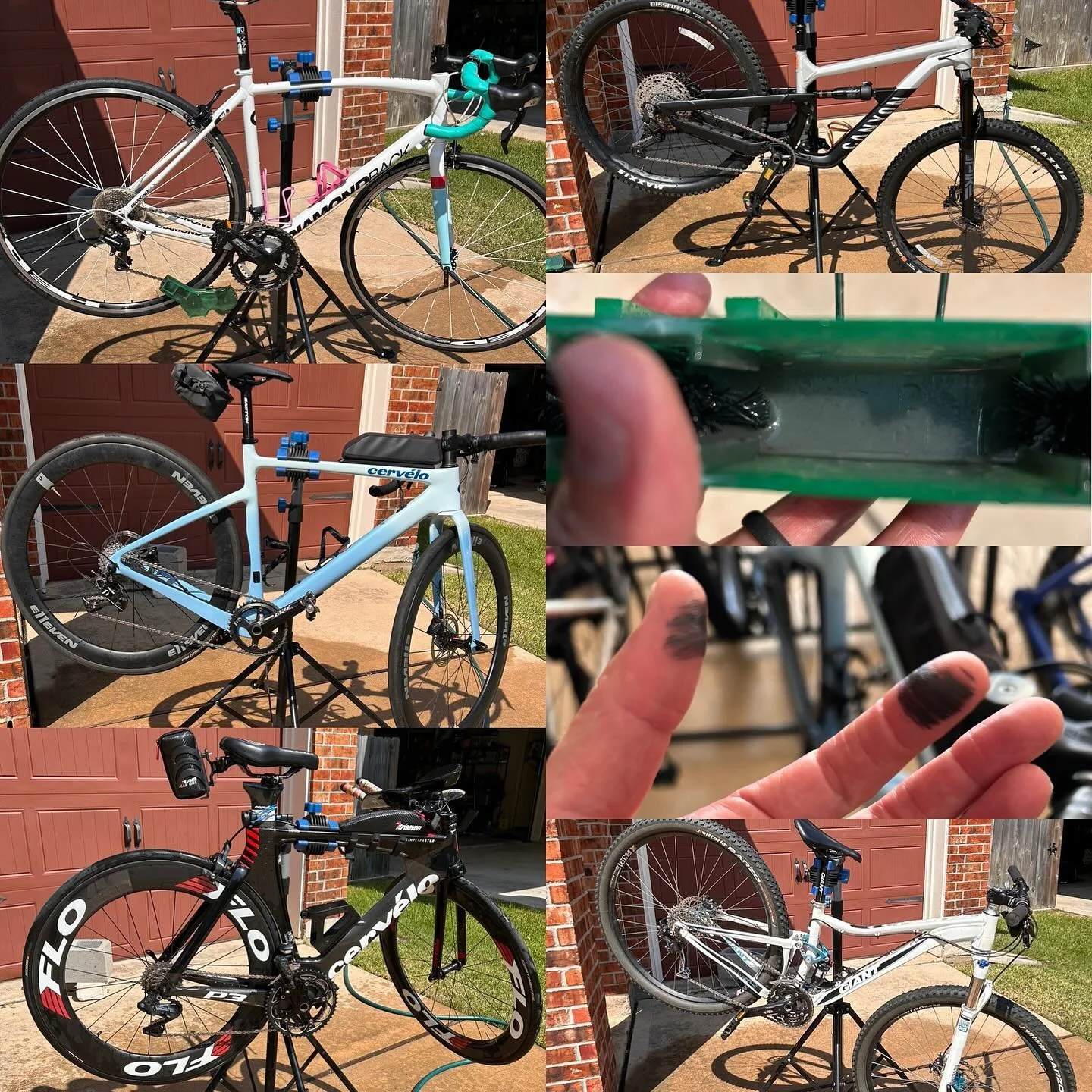 Been doing a lot of riding and not enough cleaning. Big bike washing day. Missing one in the pic, helped an athlete get her bike clean and ready for IM Waco this weekend also. 

Definitely need to make the switch to wax chains, these chains were filt