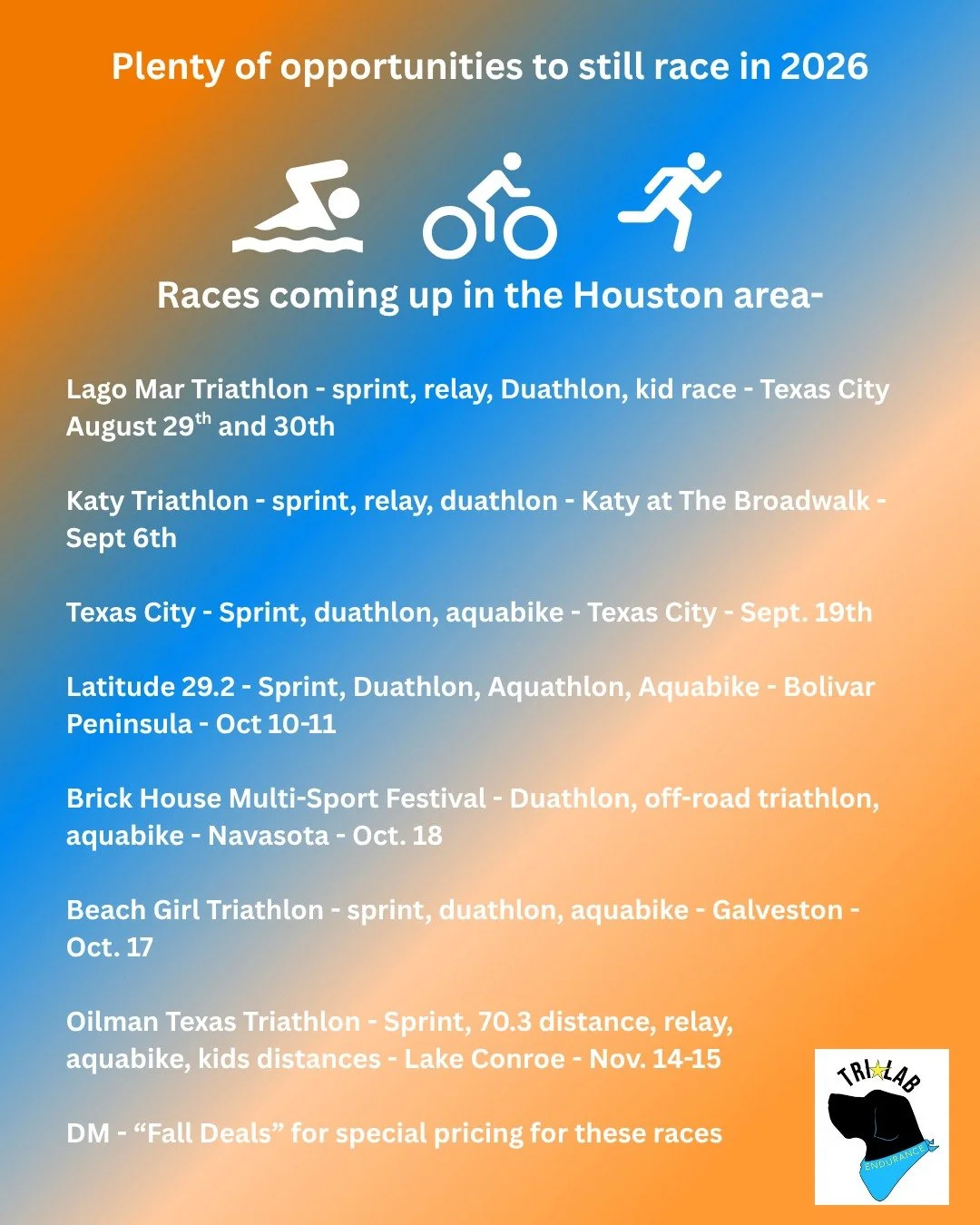 There is still plenty of racing to be done before the end of the year - have you been thinking of signing up for your next race, or maybe you want to do your first triathlon. 

This is your sign to get on it and pick a race.  Once you've picked one s